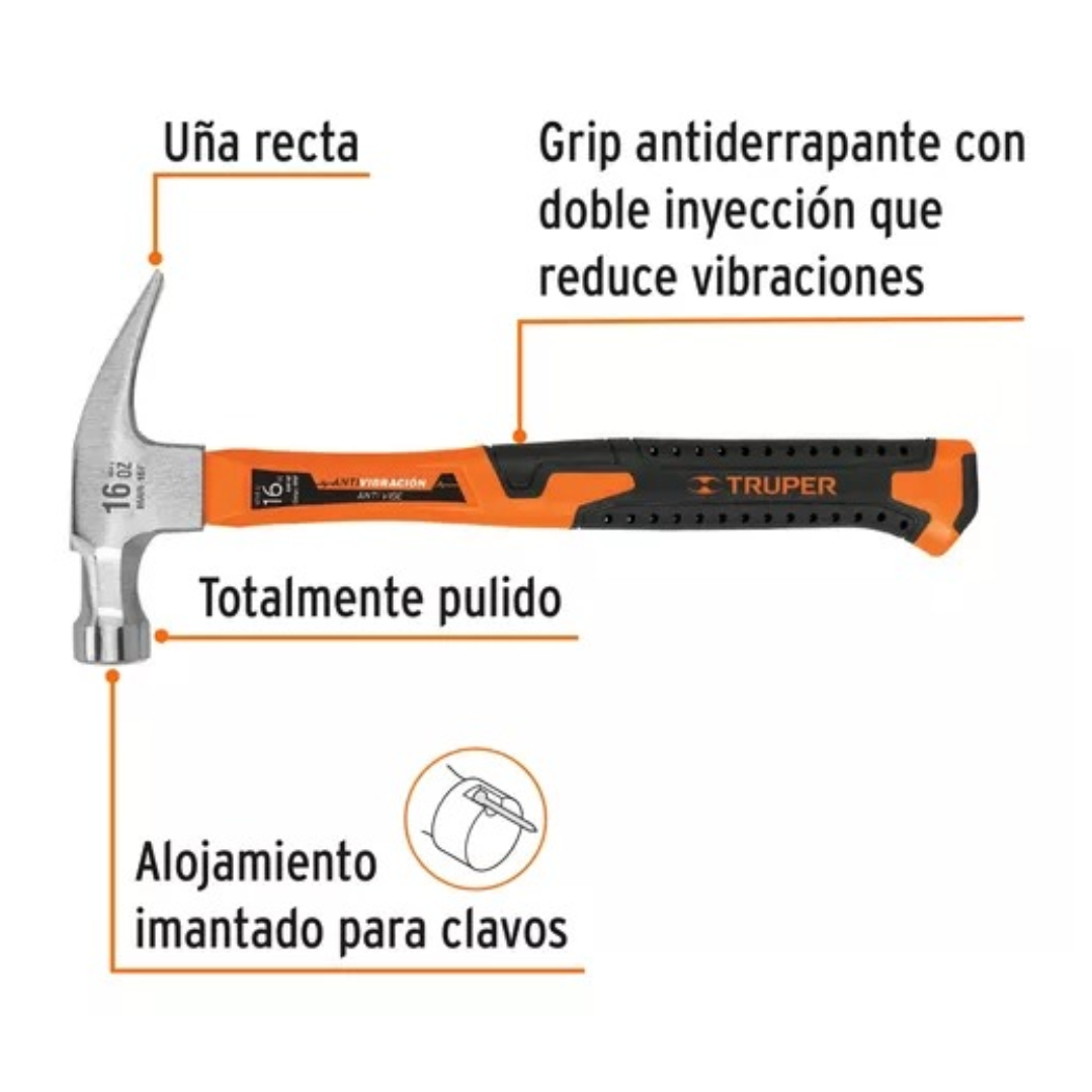 Martillo Uña Recta, 16oz, Mango Fibra De Vidrio Truper 19997