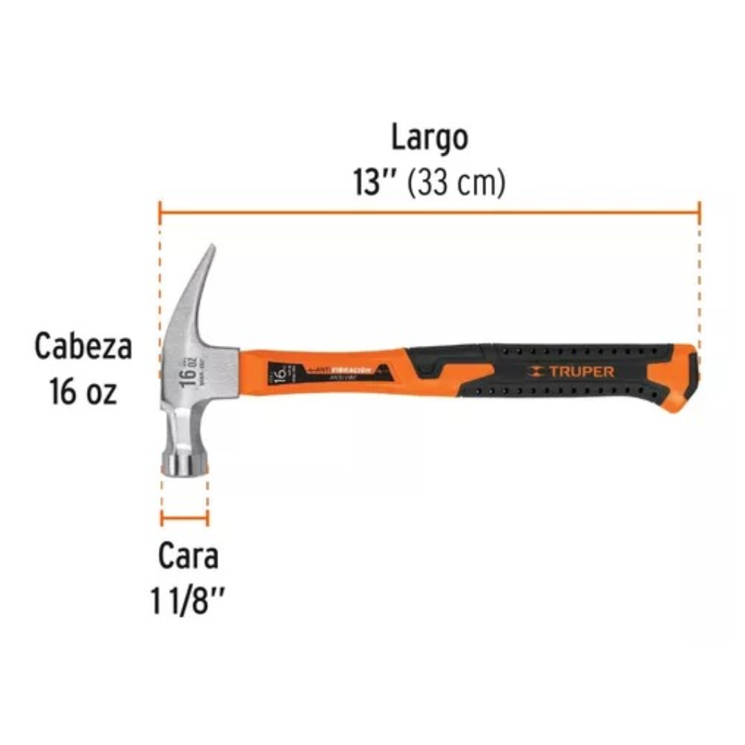 Martillo Uña Recta, 16oz, Mango Fibra De Vidrio Truper 19997