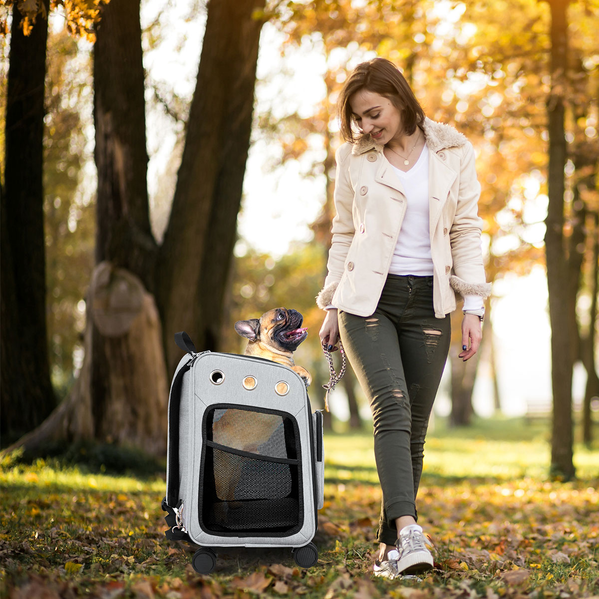Transportadora para Perro o Gato Pet Boutique con Ruedas Dobles, Ventilación y Mango Ajustable, comodidad y Fácil Transporte