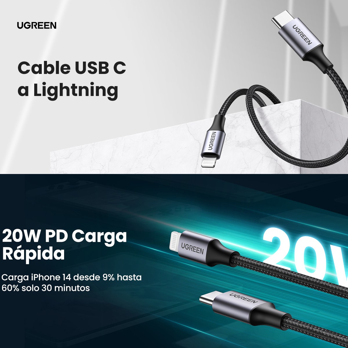 Cable Ugreen Carga Rápida Usb C Para iPhone Mfi 1m Trenzado Color Negro