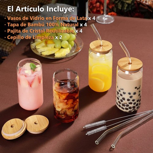 Vasos De Vidrio Con Tapas De Bambú Y Pajitas 4 Pcs