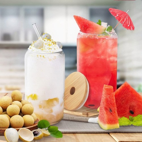 Vasos De Vidrio Con Tapas De Bambú Y Pajitas 4 Pcs