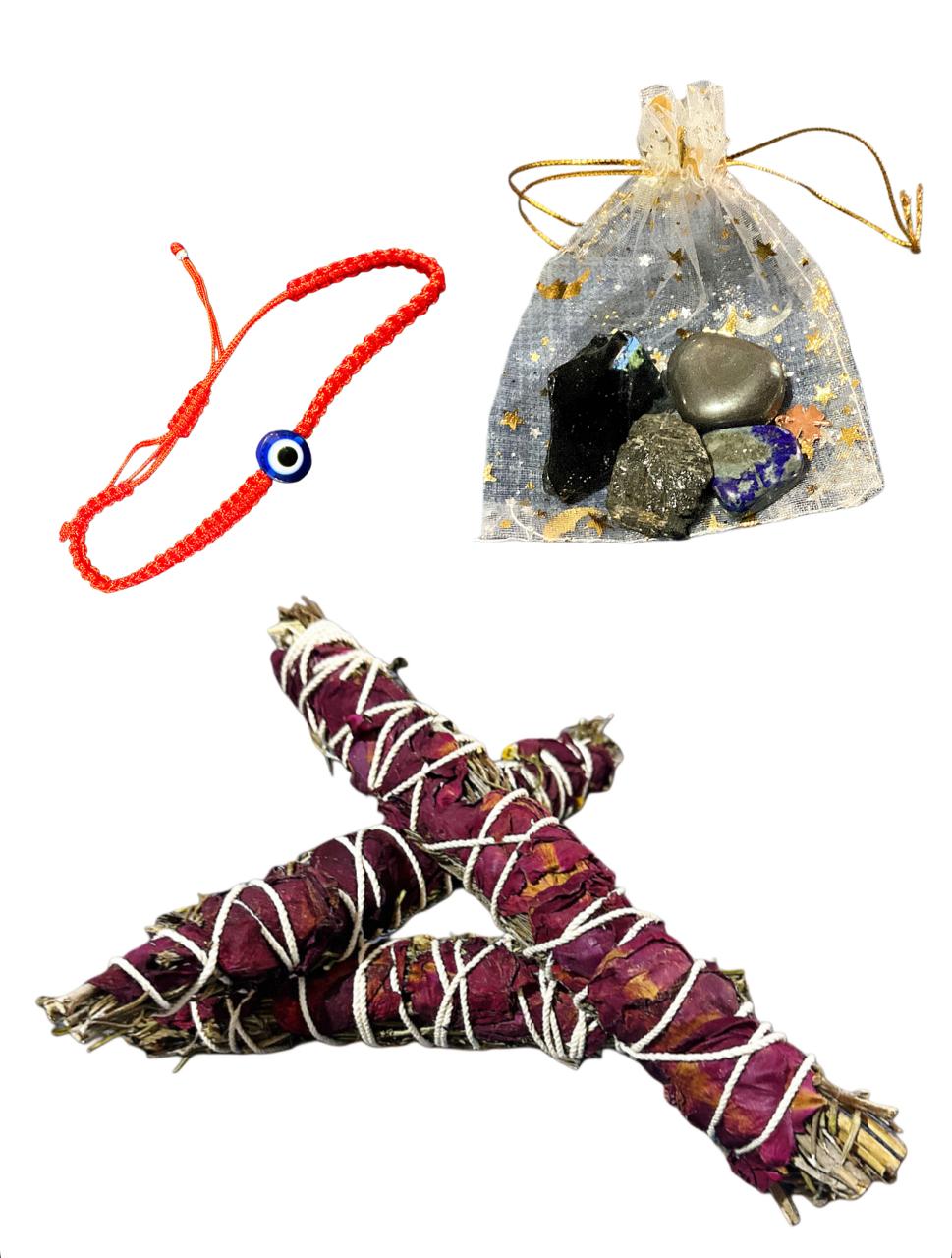Kit Energético de Protección Cuarzos y Sahumerio Incienso para Eliminar Energía Negativa ✨REGALO Pulsera Ojo turco