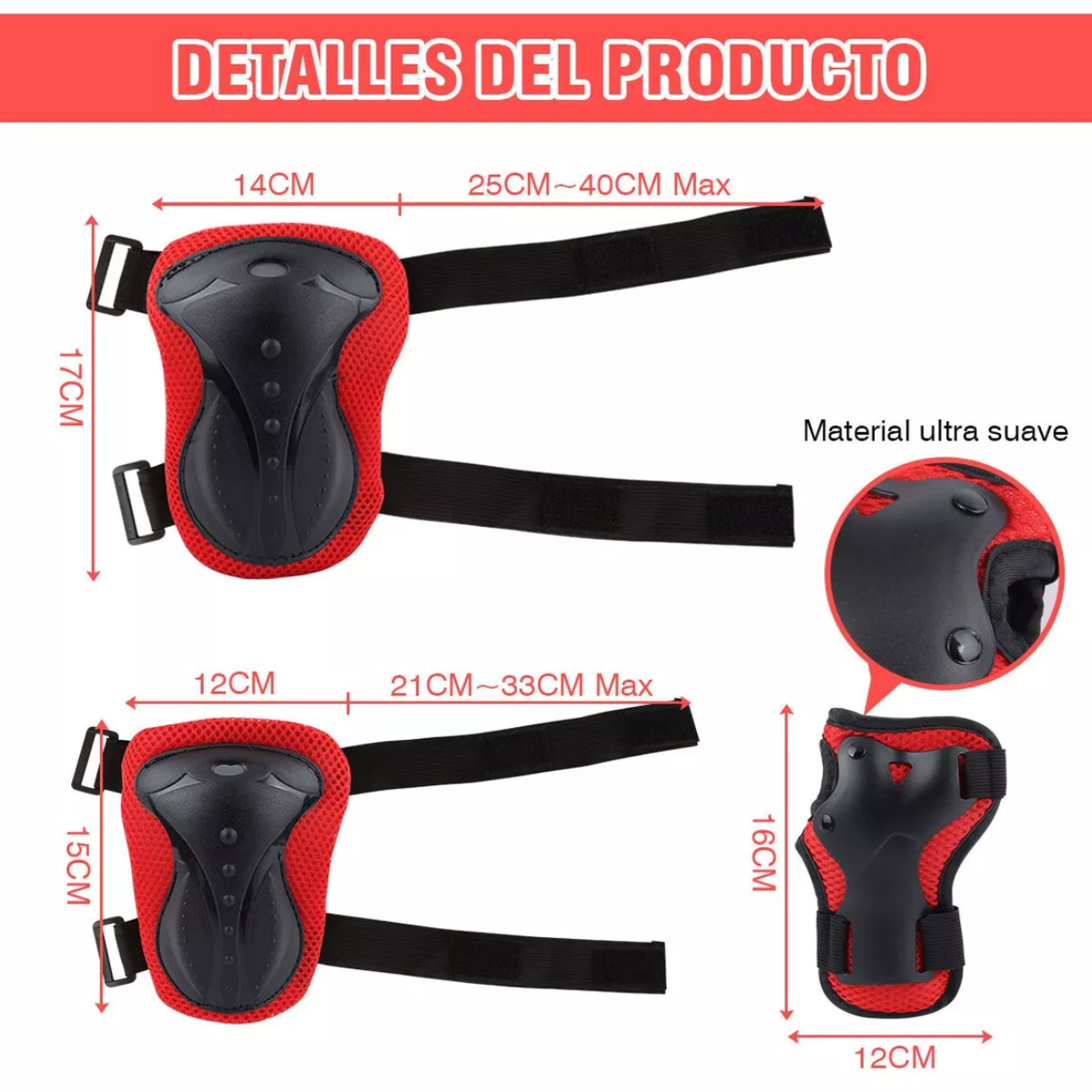 Kit De Protecciones Con Rodilleras Codilleras Muñequeras 6pz Rojo