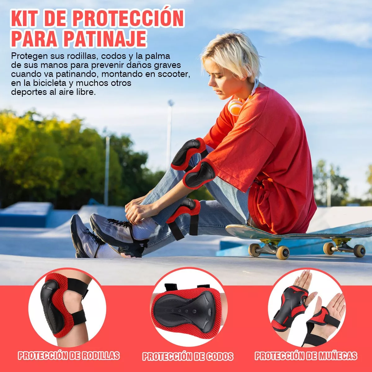 Kit De Protecciones Con Rodilleras Codilleras Muñequeras 6pz Rojo