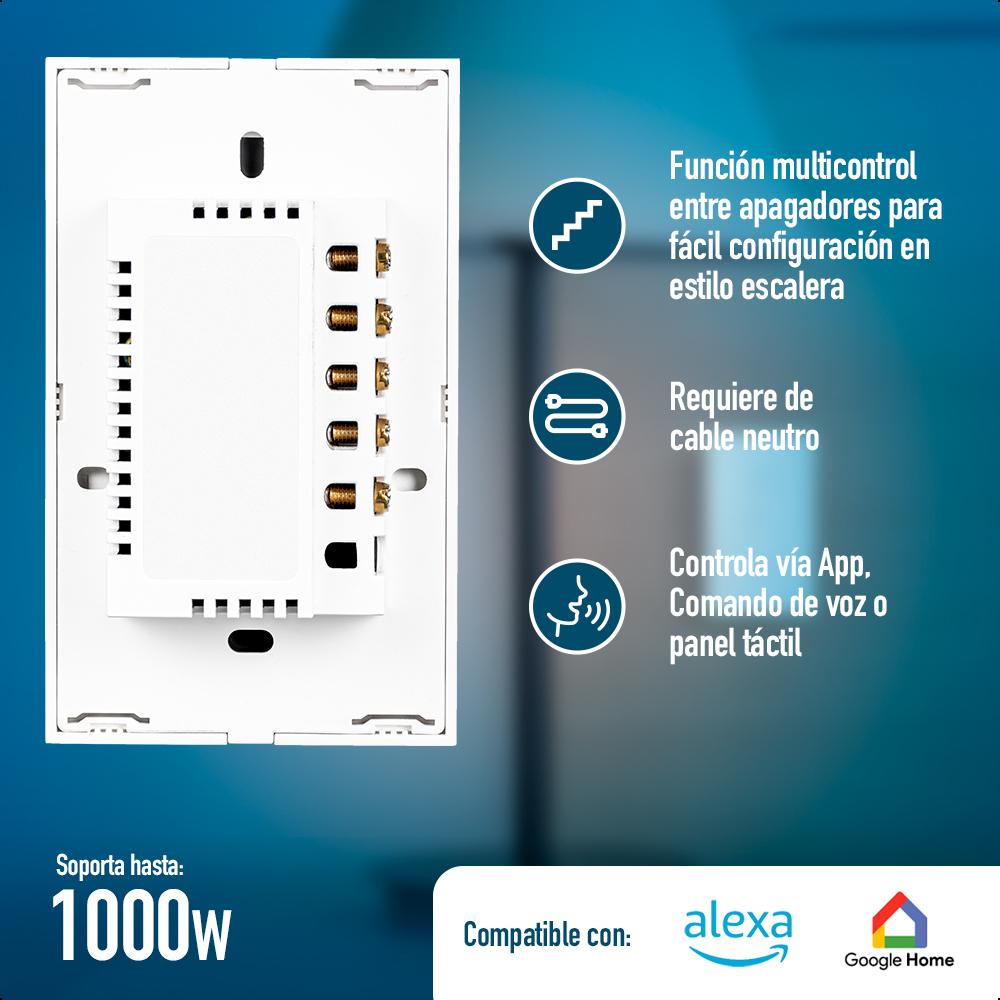 Interruptor ICON Inteligente Tres Vías WiFi Blanco Requiere Cable Neutro