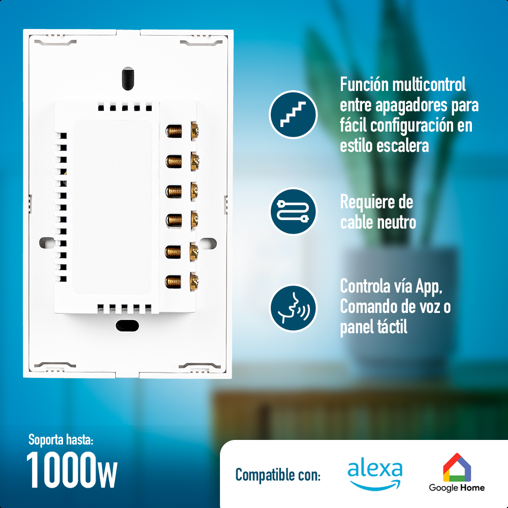Interruptor Inteligente ICON de Cuatro Vías WiFi Negro Requiere Cable Neutro 