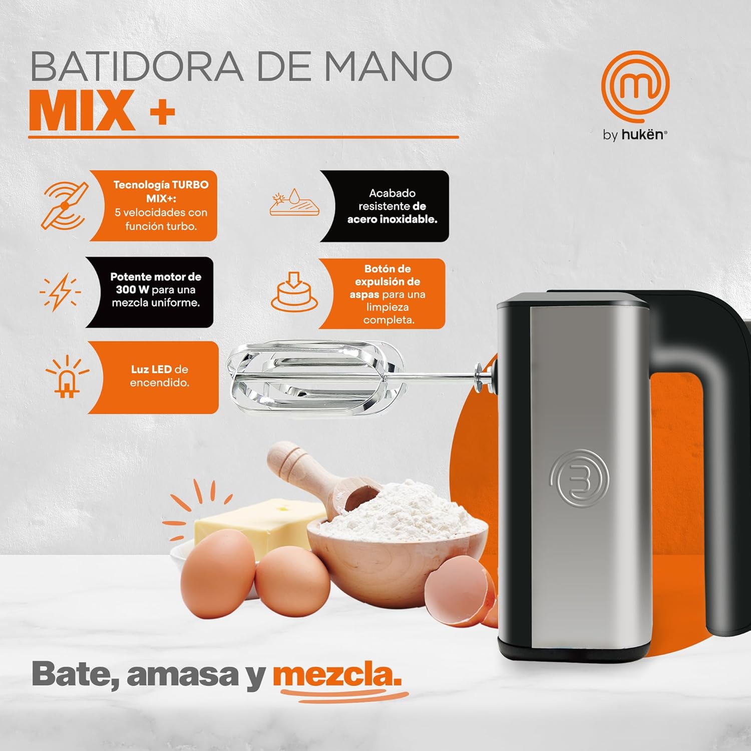 MasterChef by Hukën Batidora de Mano Mix+, Batidora Eléctrica, 5 Velocidades, Aspas Intercambiables