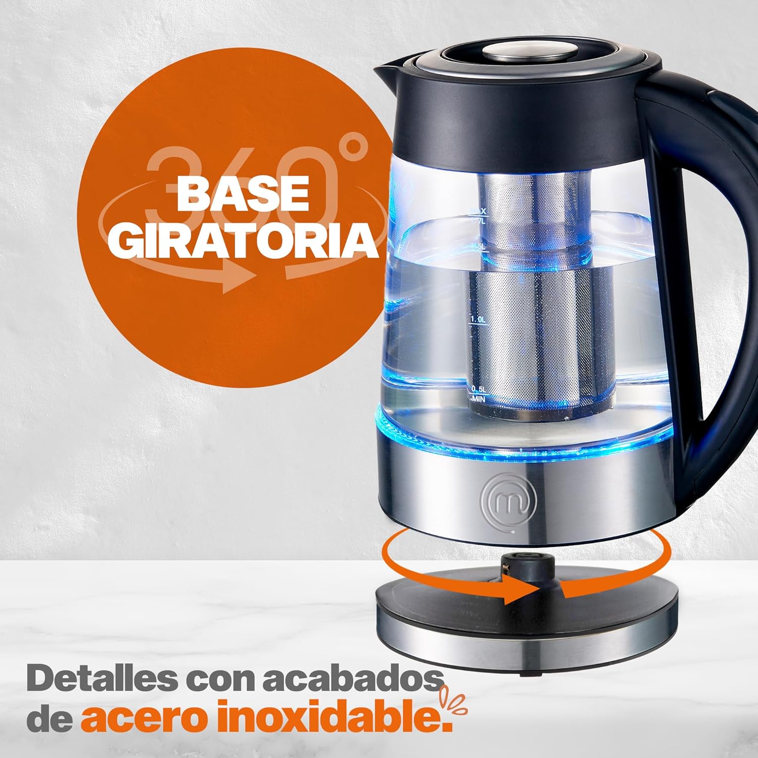 Masterchef by Hukën, Tetera Eléctrica Fuse+, Hervidor Eléctrico, Infusor Removible, Tetera de acero inoxidable Base Giratoria, 1.7 litros
