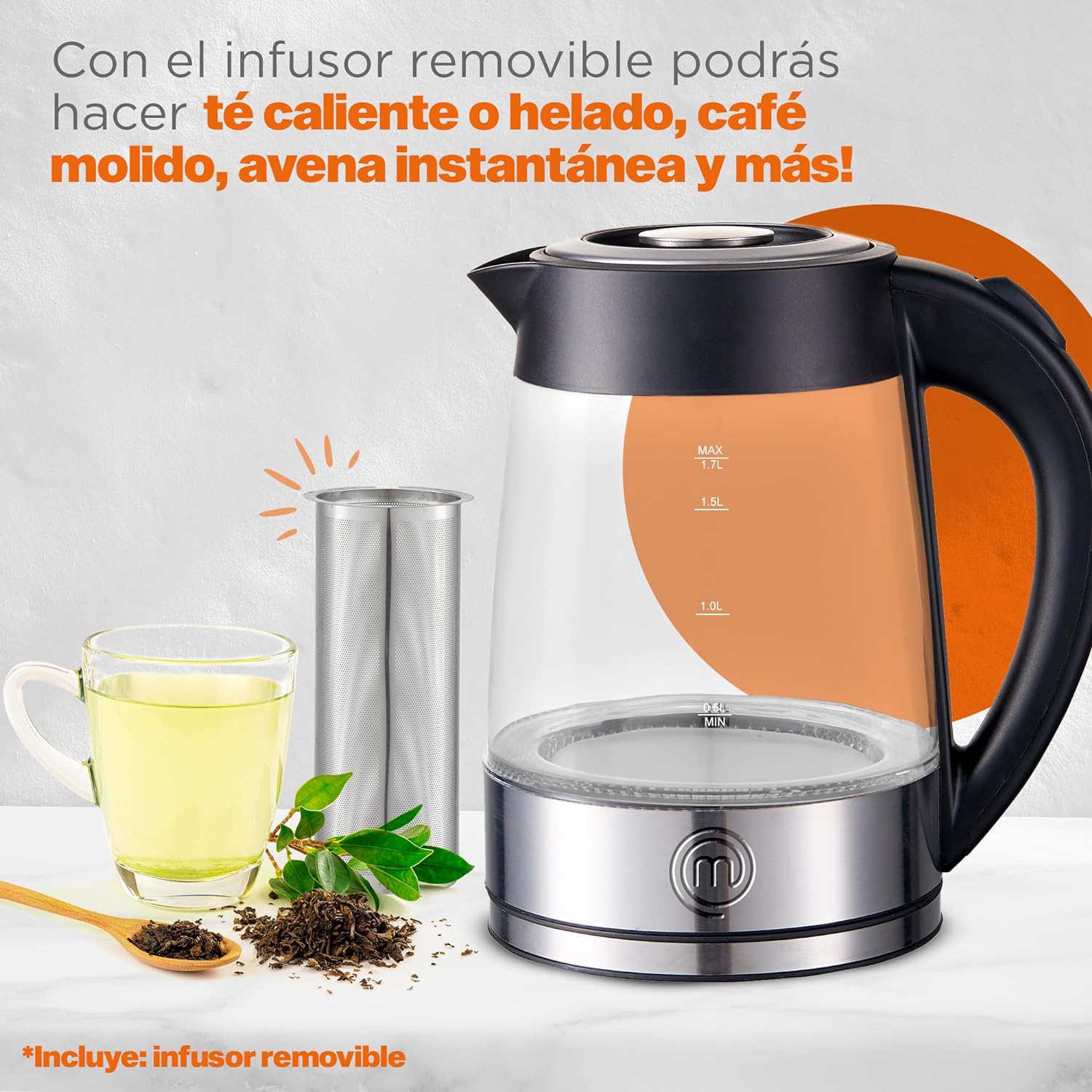 Masterchef by Hukën, Tetera Eléctrica Fuse+, Hervidor Eléctrico, Infusor Removible, Tetera de acero inoxidable Base Giratoria, 1.7 litros