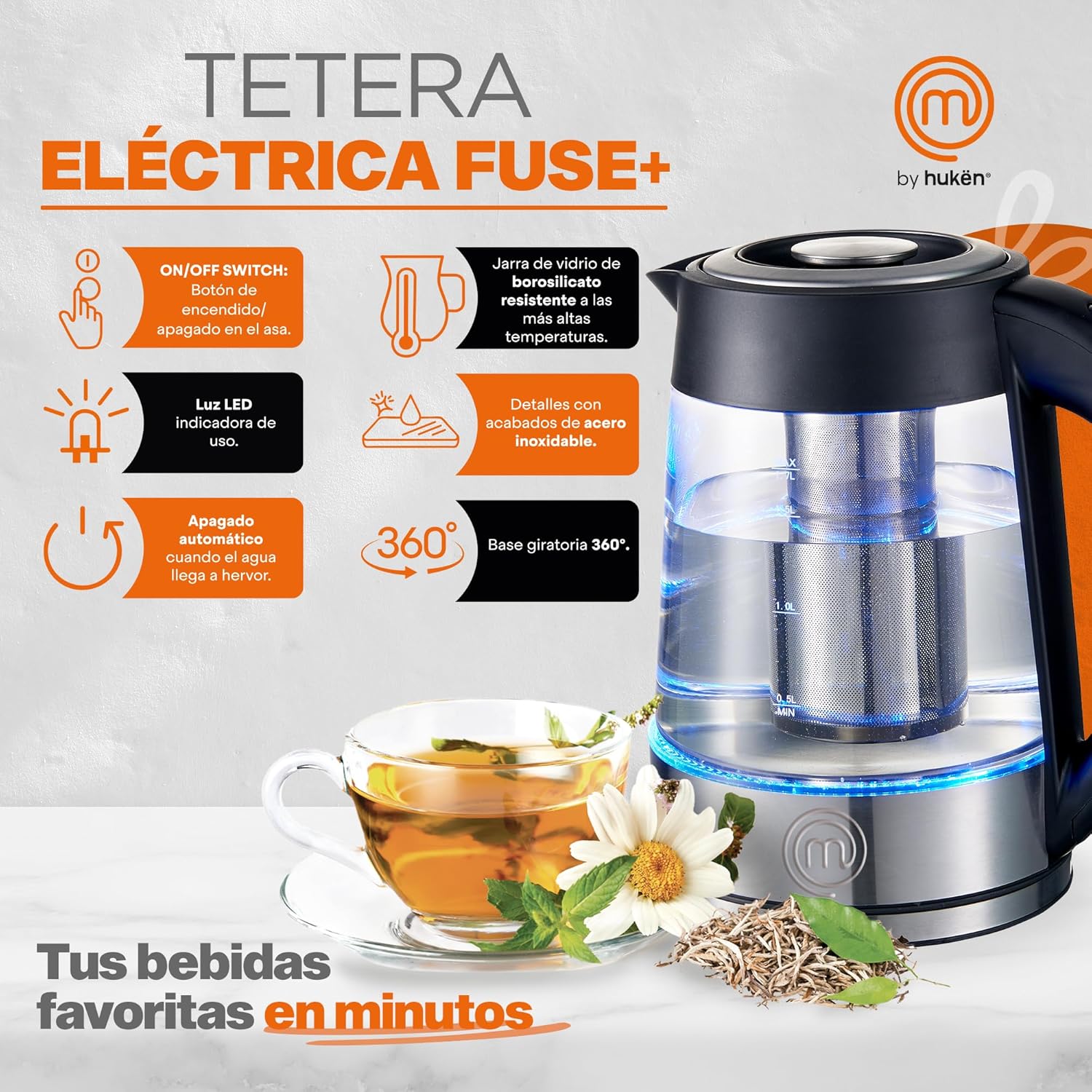 Masterchef by Hukën, Tetera Eléctrica Fuse+, Hervidor Eléctrico, Infusor Removible, Tetera de acero inoxidable Base Giratoria, 1.7 litros