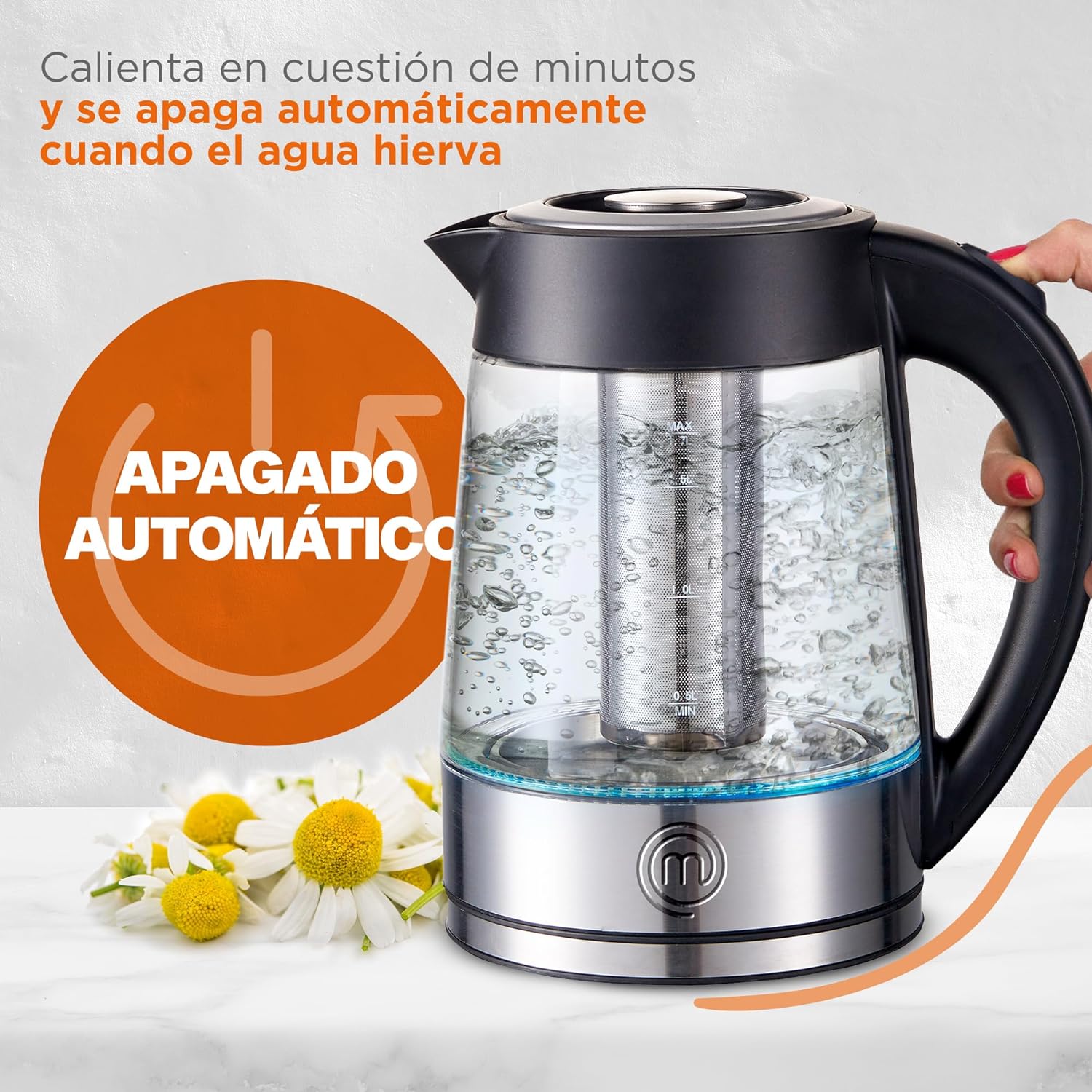 Masterchef by Hukën, Tetera Eléctrica Fuse+, Hervidor Eléctrico, Infusor Removible, Tetera de acero inoxidable Base Giratoria, 1.7 litros