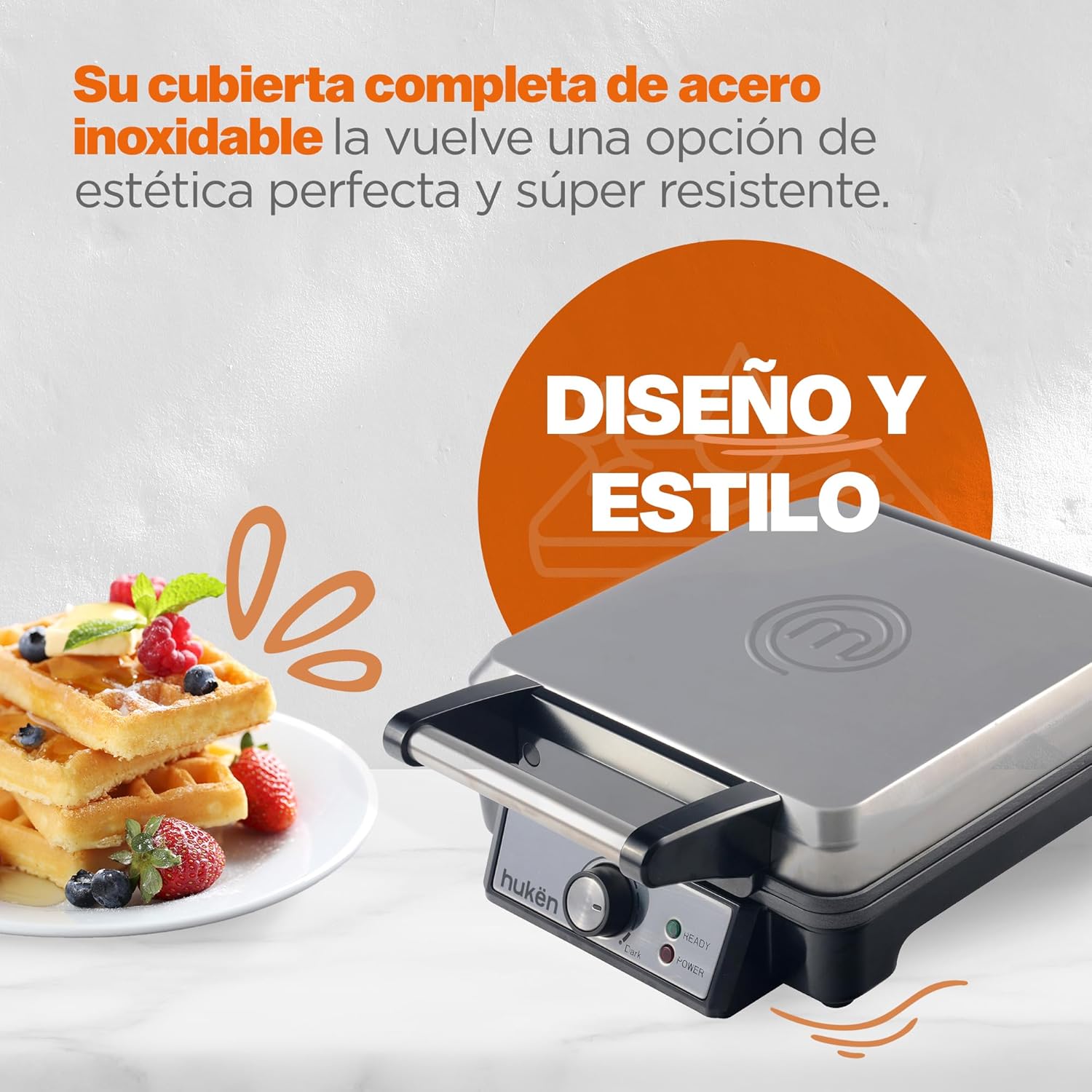 Masterchef by Hukën | Waflera Manual | Wafflera de Acero Inoxidable | Fácil Limpieza (4 Rebanadas)