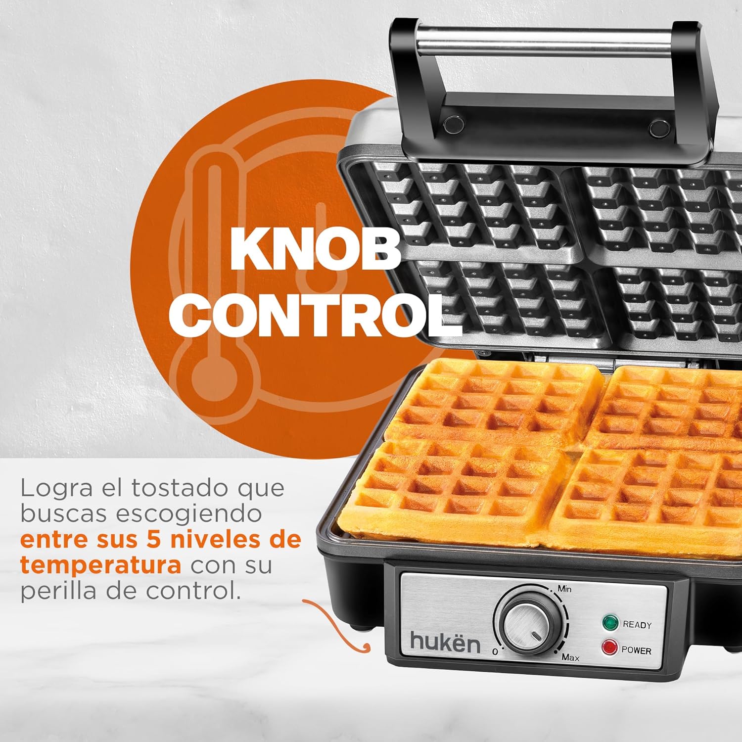 Masterchef by Hukën | Waflera Manual | Wafflera de Acero Inoxidable | Fácil Limpieza (4 Rebanadas)
