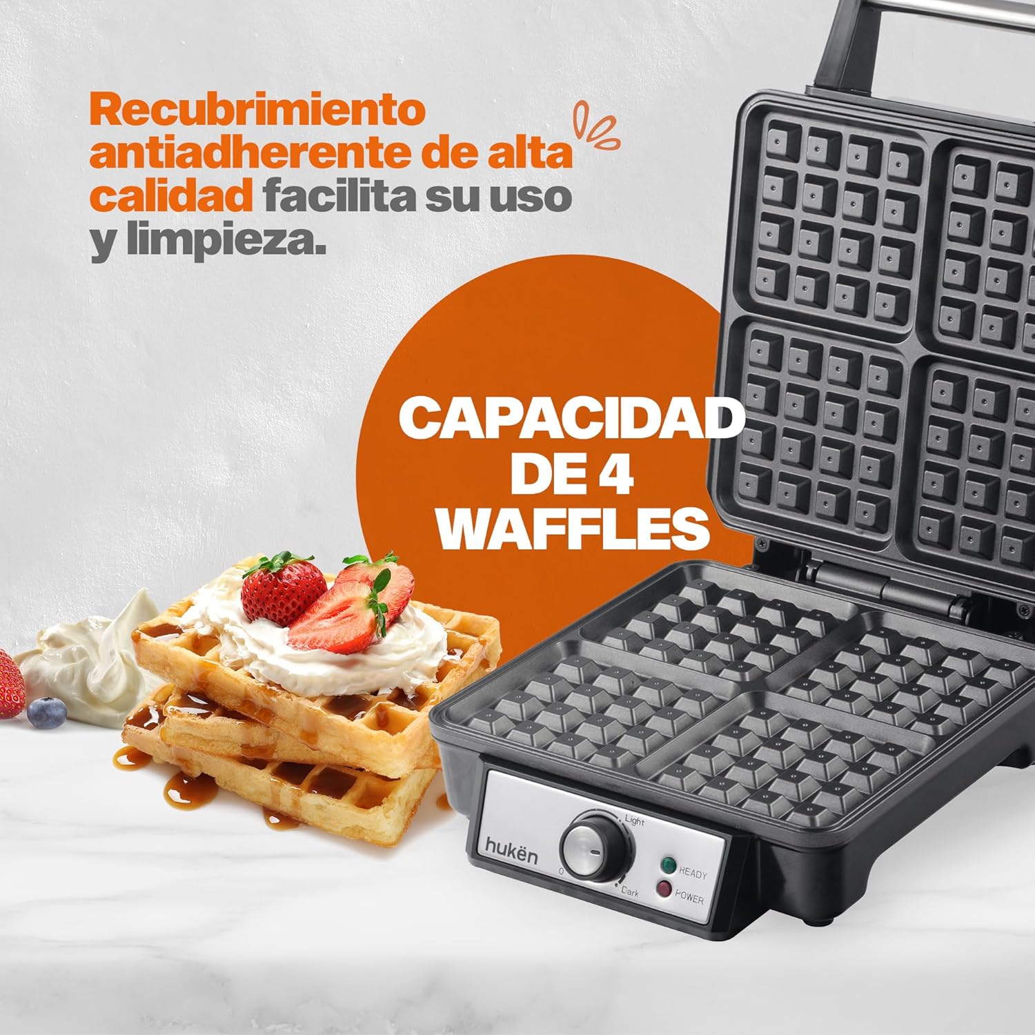 Masterchef by Hukën | Waflera Manual | Wafflera de Acero Inoxidable | Fácil Limpieza (4 Rebanadas)