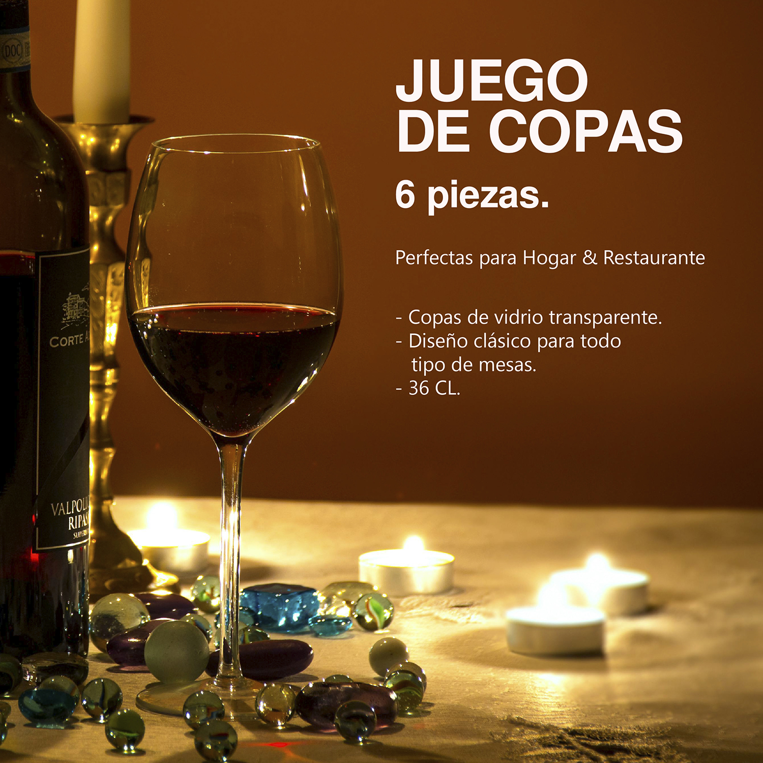 Juego de 6 copas de vino tinto, blanco y rosado cristal 360 ml