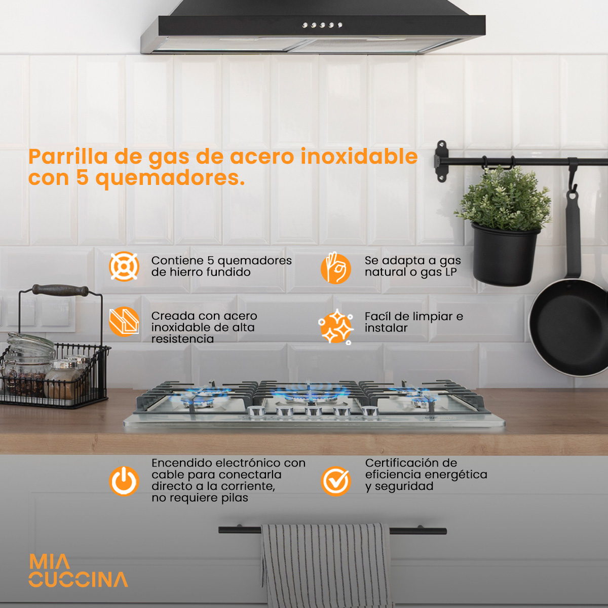 PARRILLA A GAS QUEMADORES ACERO INOXIDABLE MIA CUCCINA