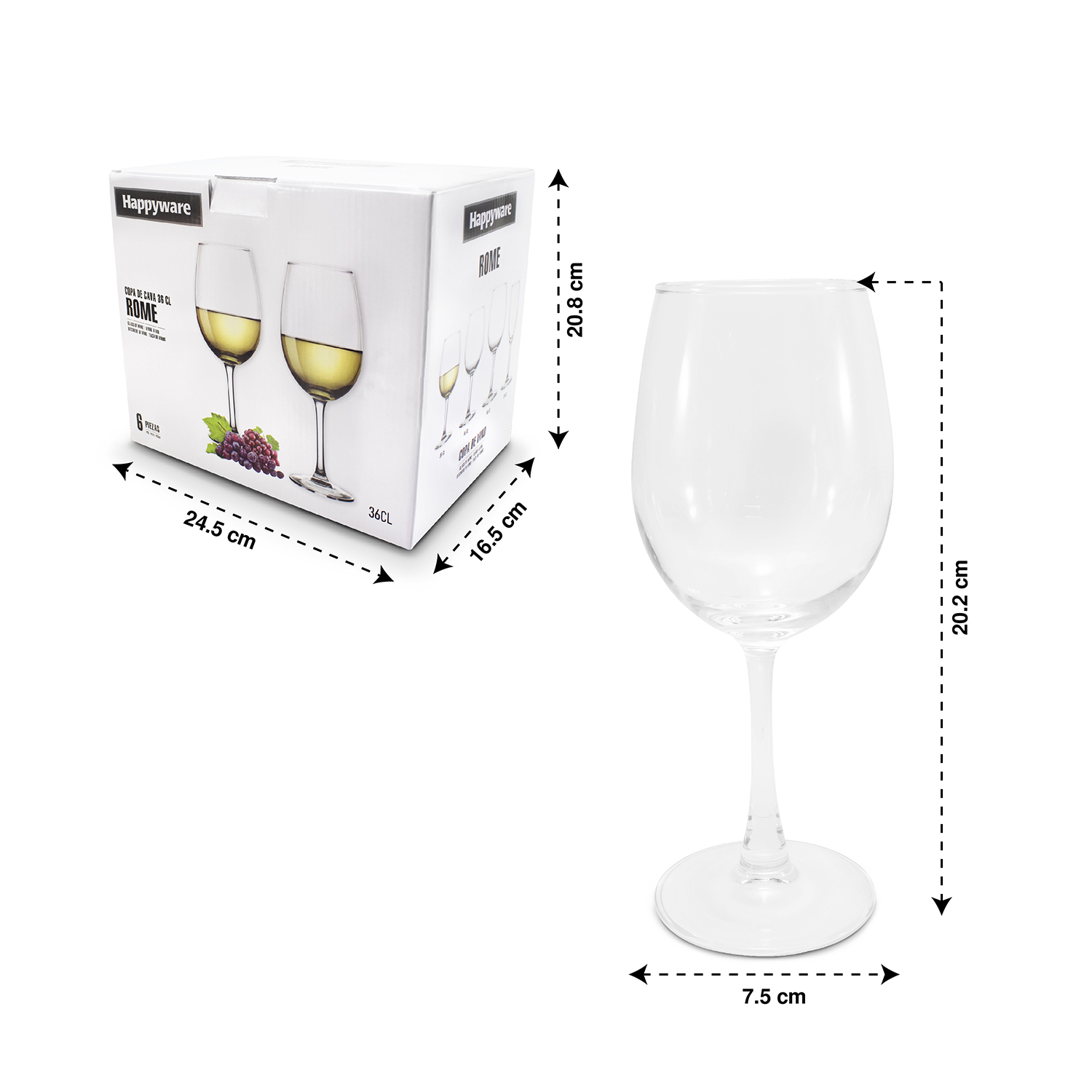 Juego de 6 copas de vino tinto, blanco y rosado cristal 360 ml