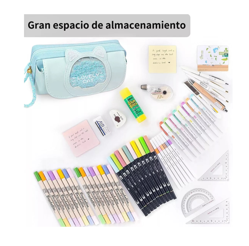 Estuche Papelería Gato Azul