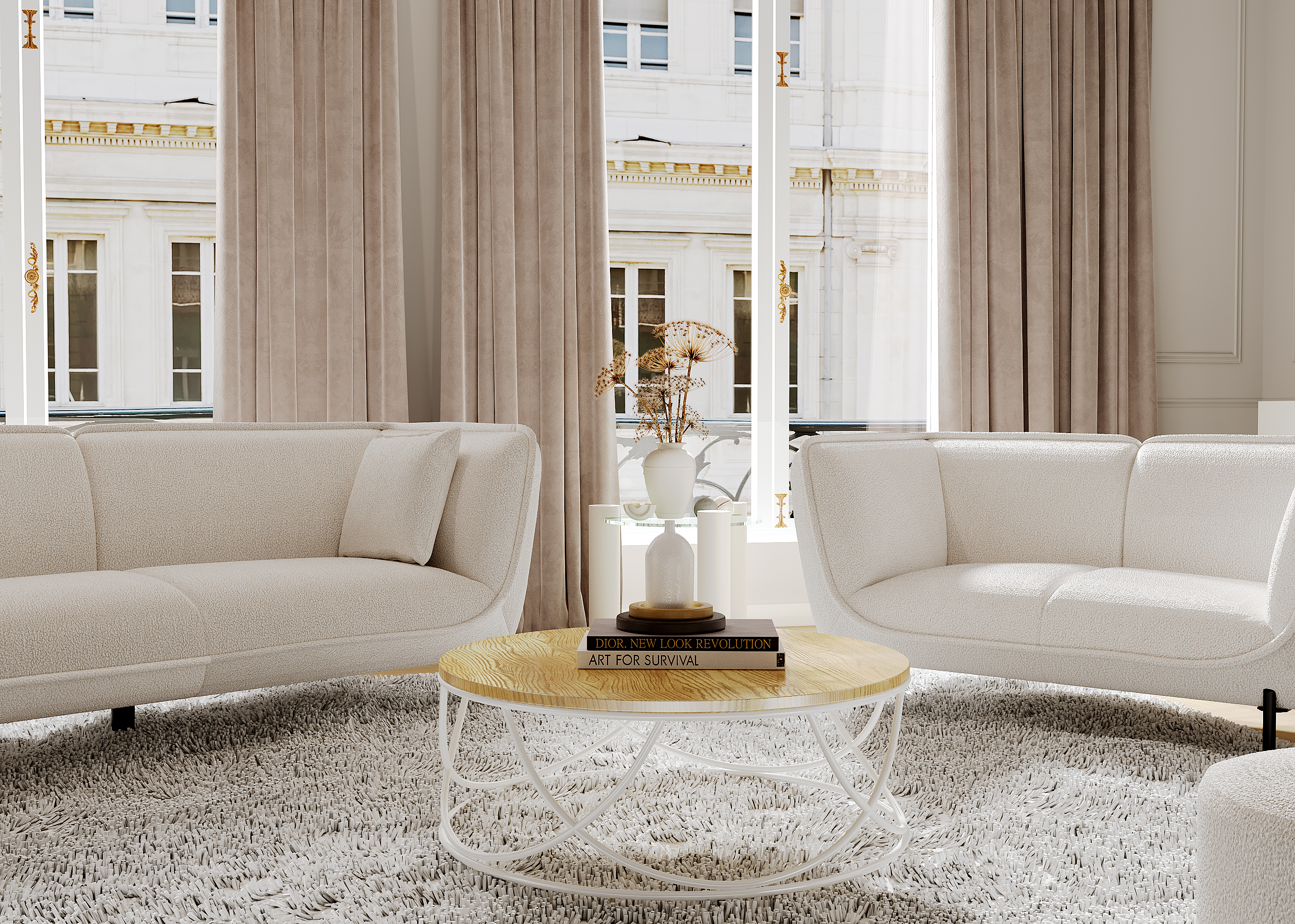 Mesa de Centro Circular con Madera MDF y Base de Metal Blanca (Diámetro: 80cm)