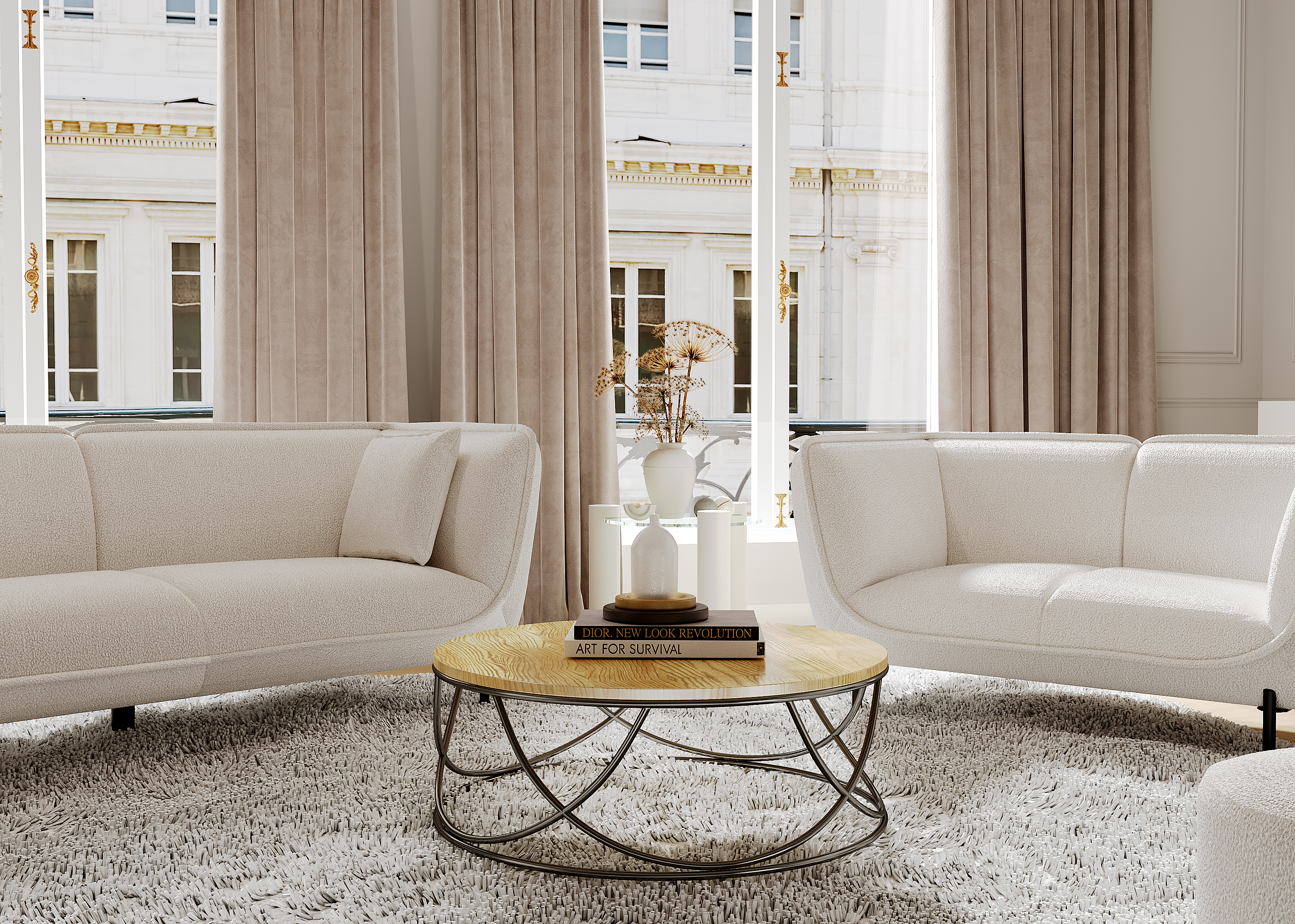 Mesa de Centro Circular con Madera MDF y Base de Metal Blanca (Diámetro: 80cm)