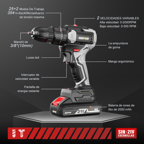 Taladro Atornillador Nanwei Sin Carbones Con 2baterías 2.0ah Color Negro Frecuencia 60