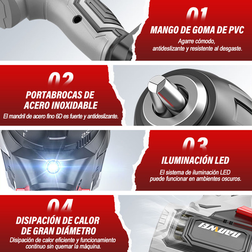 Taladro Atornillador Nanwei Sin Carbones Con 2baterías 2.0ah Color Negro Frecuencia 60