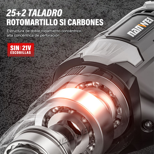Taladro Atornillador Nanwei Sin Carbones Con 2baterías 2.0ah Color Negro Frecuencia 60