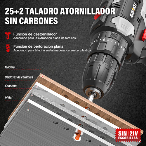 Taladro Atornillador Nanwei Sin Carbones Con 2baterías 2.0ah Color Negro Frecuencia 60