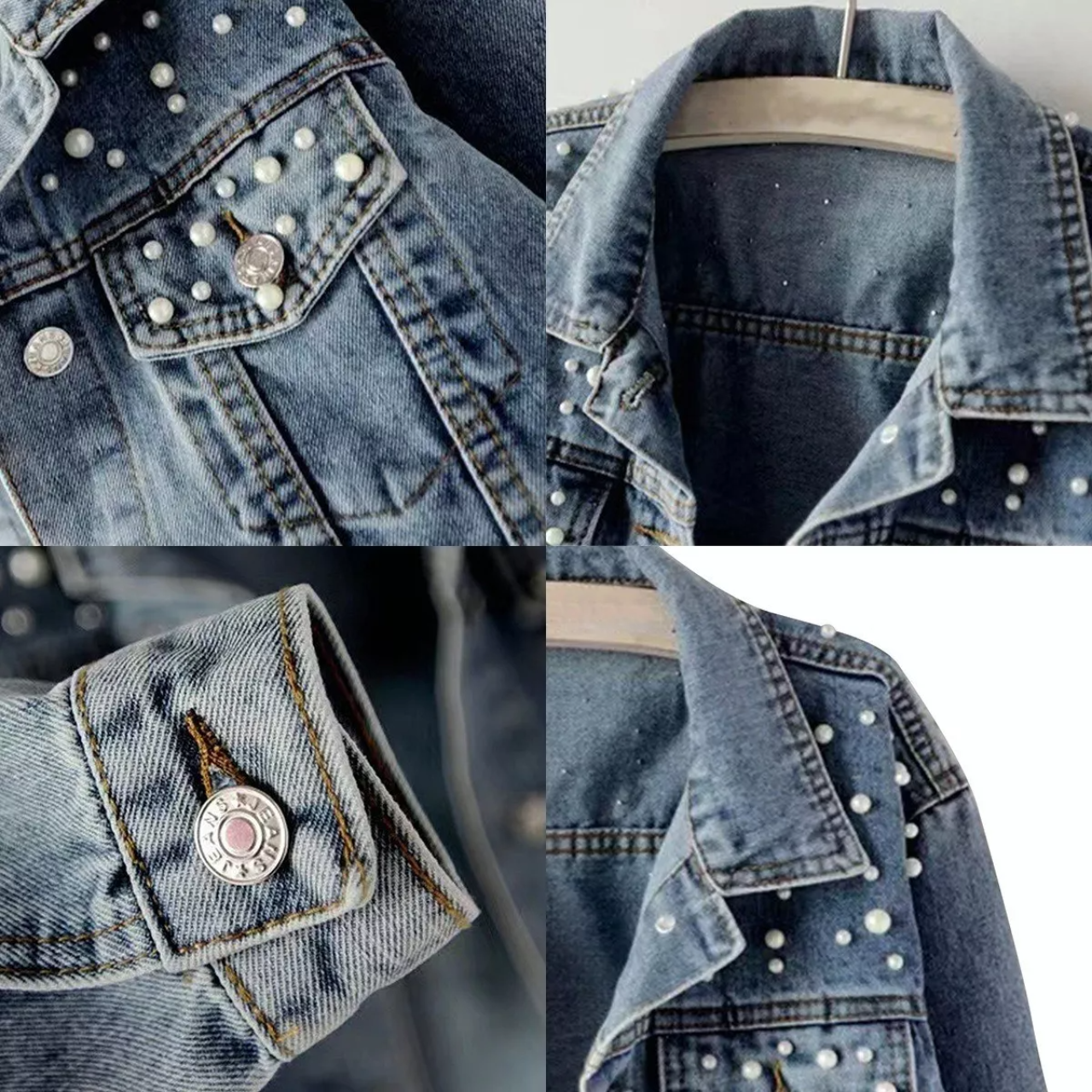 Abrigo De Chaqueta De Perlas De Mezclilla Para Mujer Moda