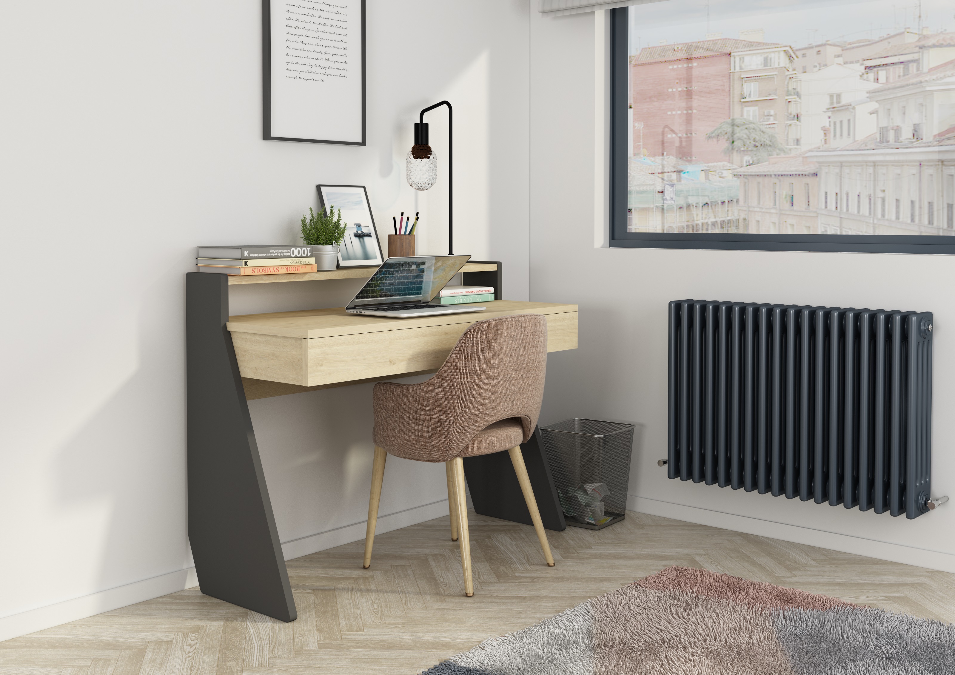 Escritorio Rectangular Gris y Madera con 1 Cajón y 1 Repisa. Estructura de Madera Procesada