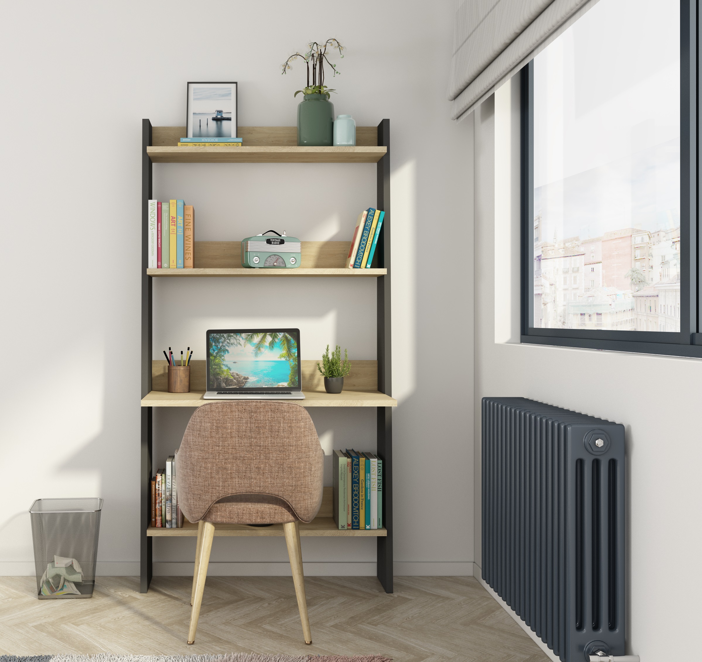Librero Gris y Madera con 4 Entrepaños. Estructura de Madera Procesada