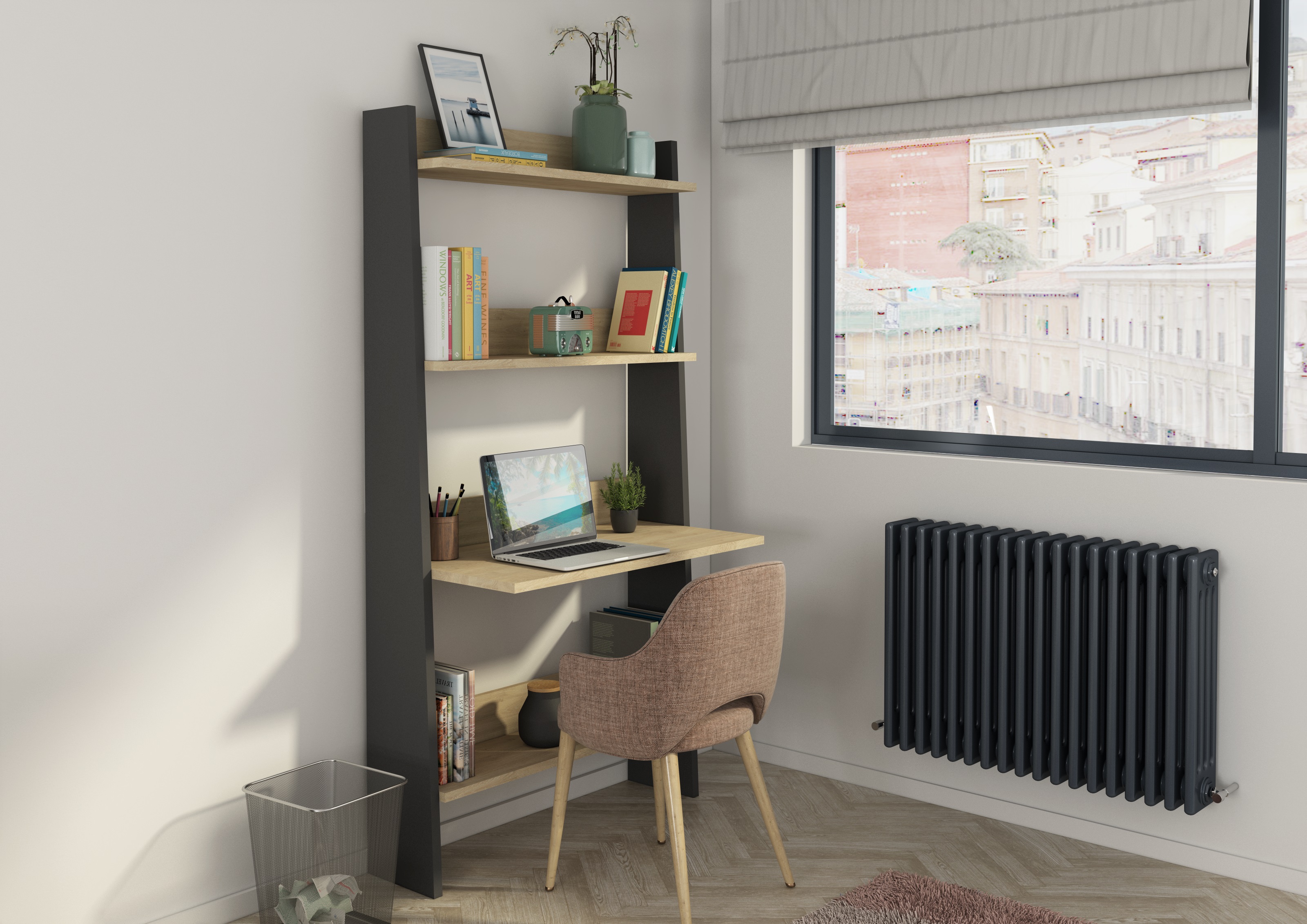 Librero Gris y Madera con 4 Entrepaños. Estructura de Madera Procesada