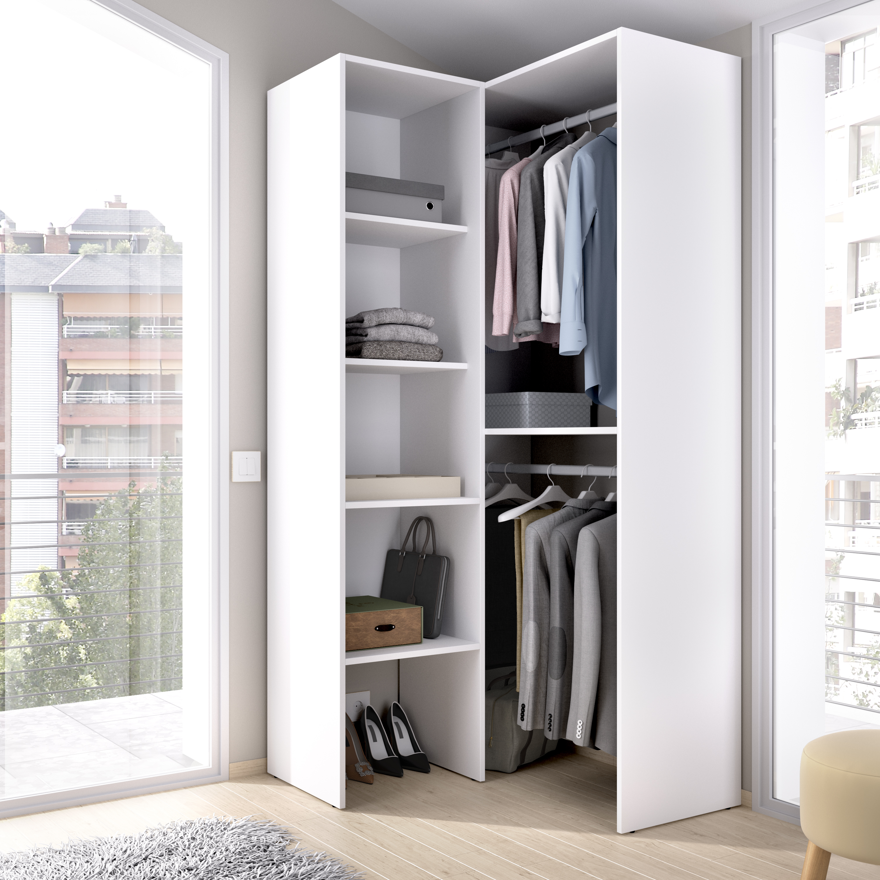 Armario Esquinero Color Blanco con 4 Entrepaños y 2 Espacios Para Colgar. Estructura de Madera Industrial