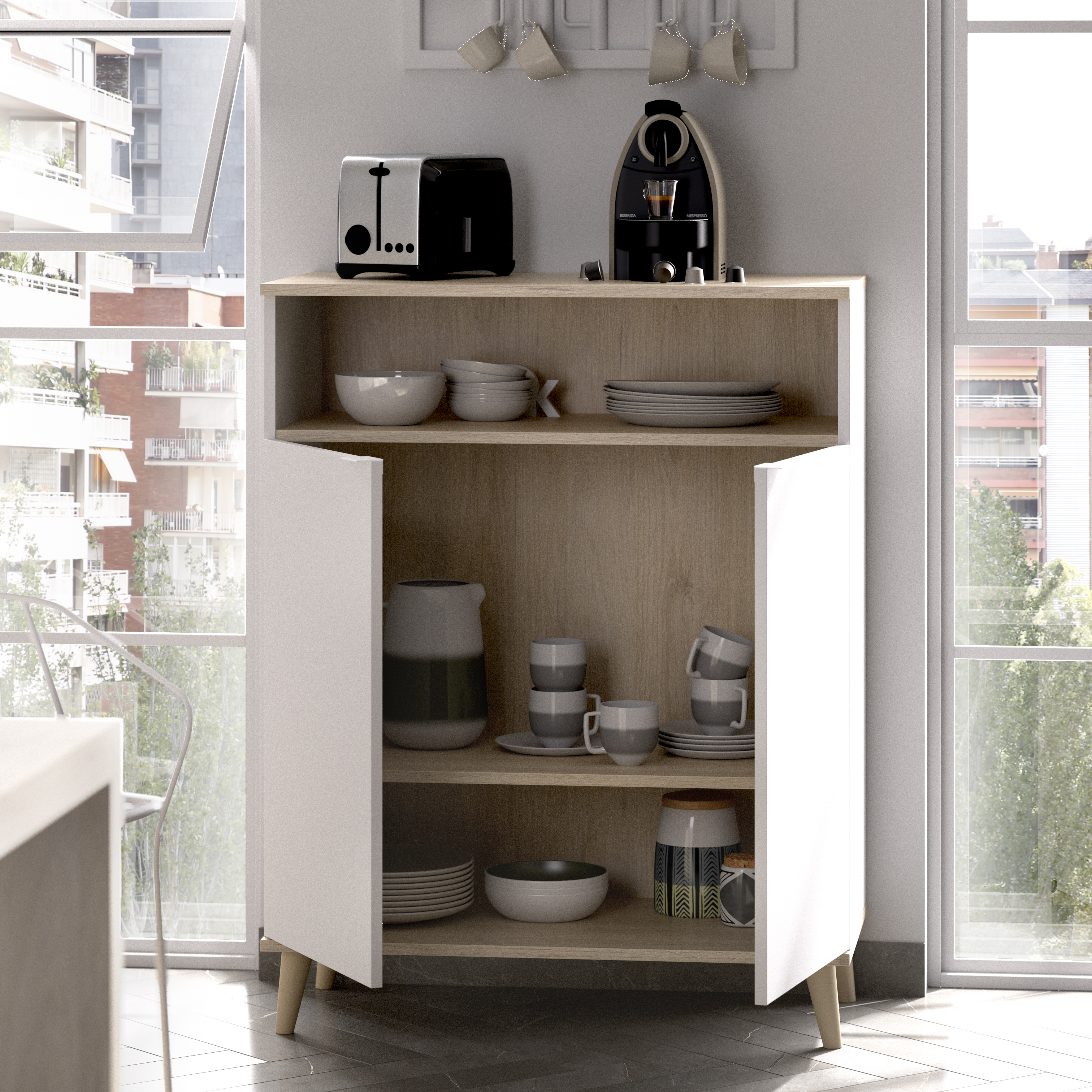 Alacena de Cocina Color Blanco y Madera con 2 Puertas, 1 Entrepaño y 1 Repisa. Estructura de Madera Industrial