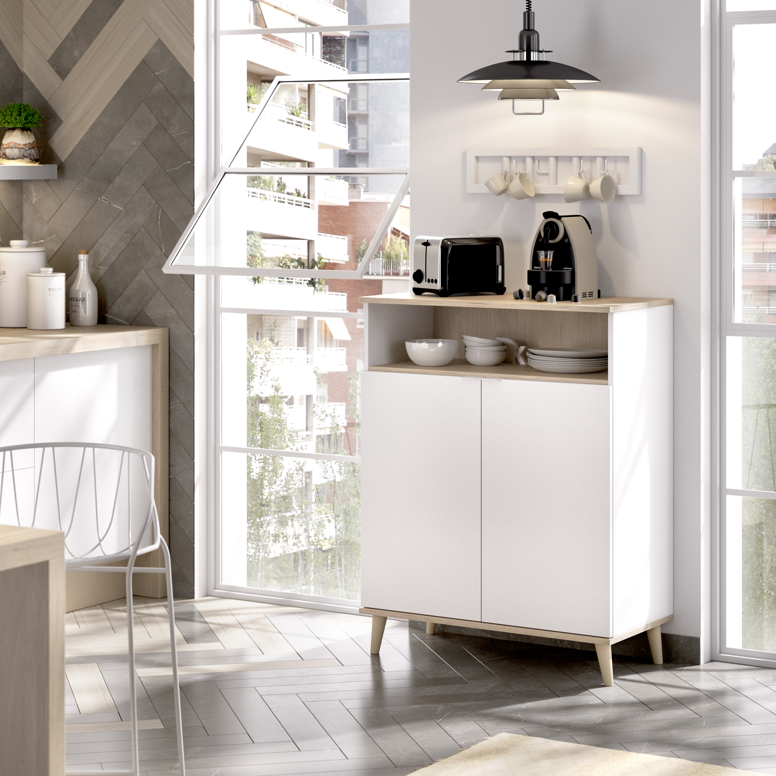Alacena de Cocina Color Blanco y Madera con 2 Puertas, 1 Entrepaño y 1 Repisa. Estructura de Madera Industrial