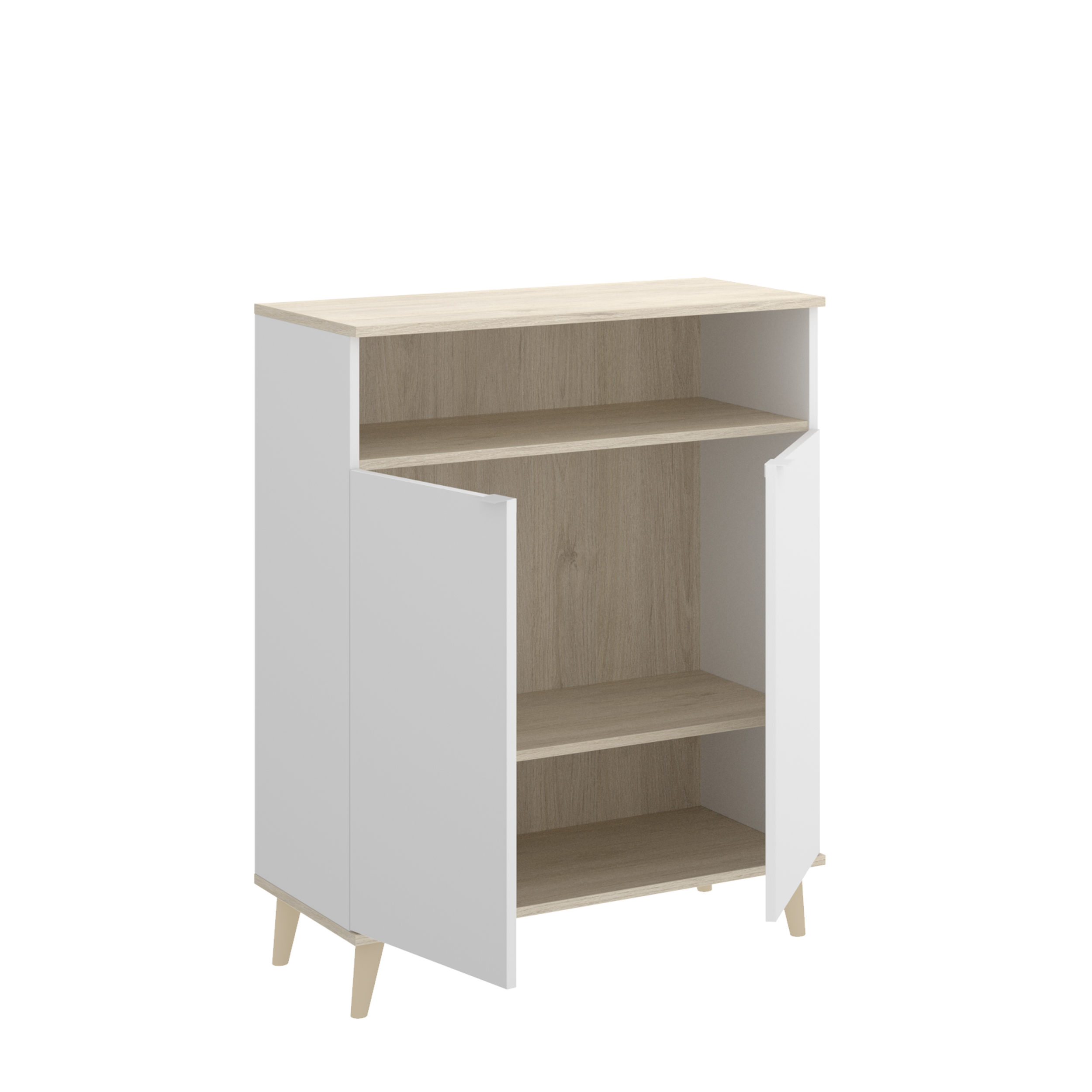 Alacena de Cocina Color Blanco y Madera con 2 Puertas, 1 Entrepaño y 1 Repisa. Estructura de Madera Industrial