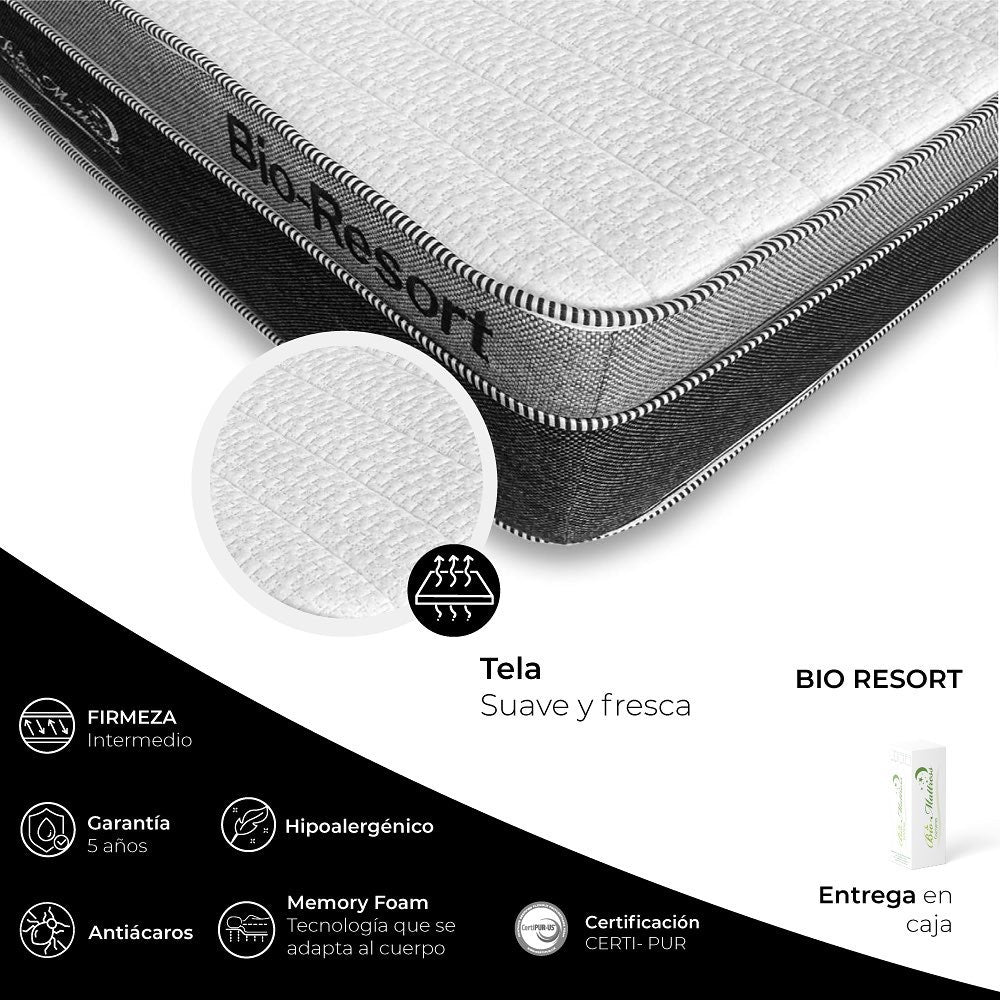 Bio Mattress Colchón Bio Resort: confort y calidad. Tecnología que se adapta a tu cuerpo.Silencioso, no transmite movimiento. Hipoalergénico y Antiácaros. (Individual)