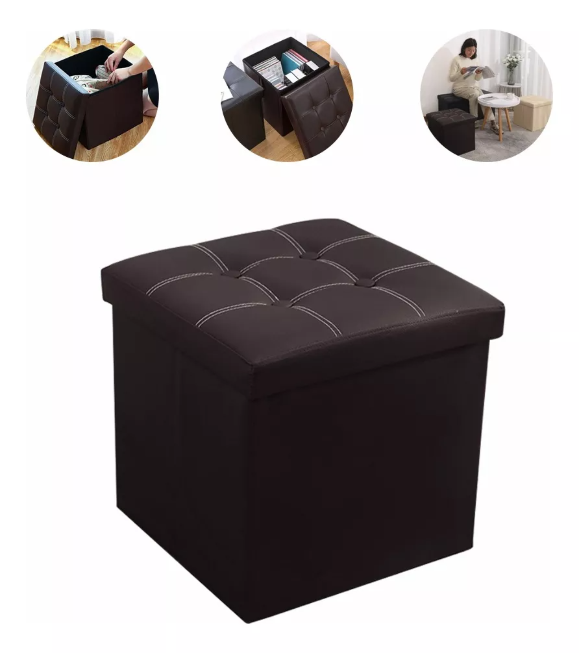 3in1 Taburete Almacenamiento Cuero Plegable 55l 38*38*38cm