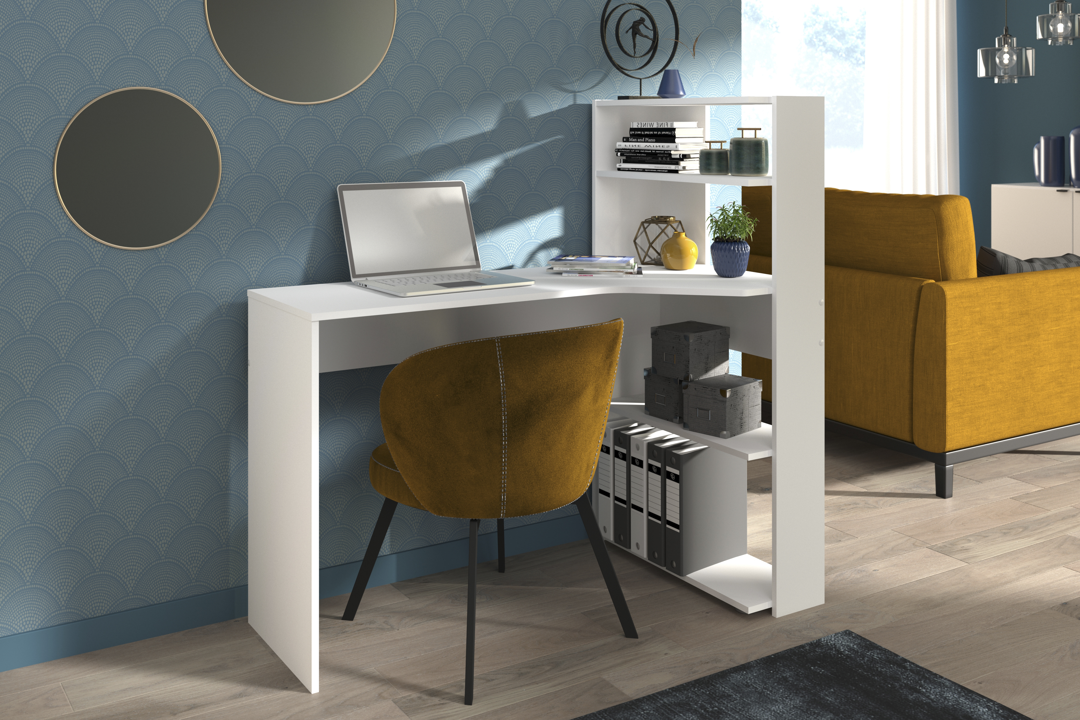 Escritorio con Librero Blanco con 4 Módulos. Estructura de Madera Procesada