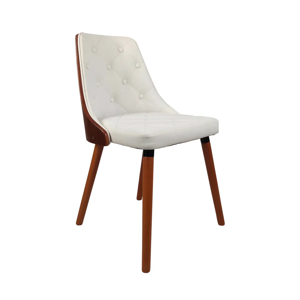 Silla de Comedor con Asiento Acolchado Tapizado en Cuero Sintético Blanco. Patas en Madera de Caucho