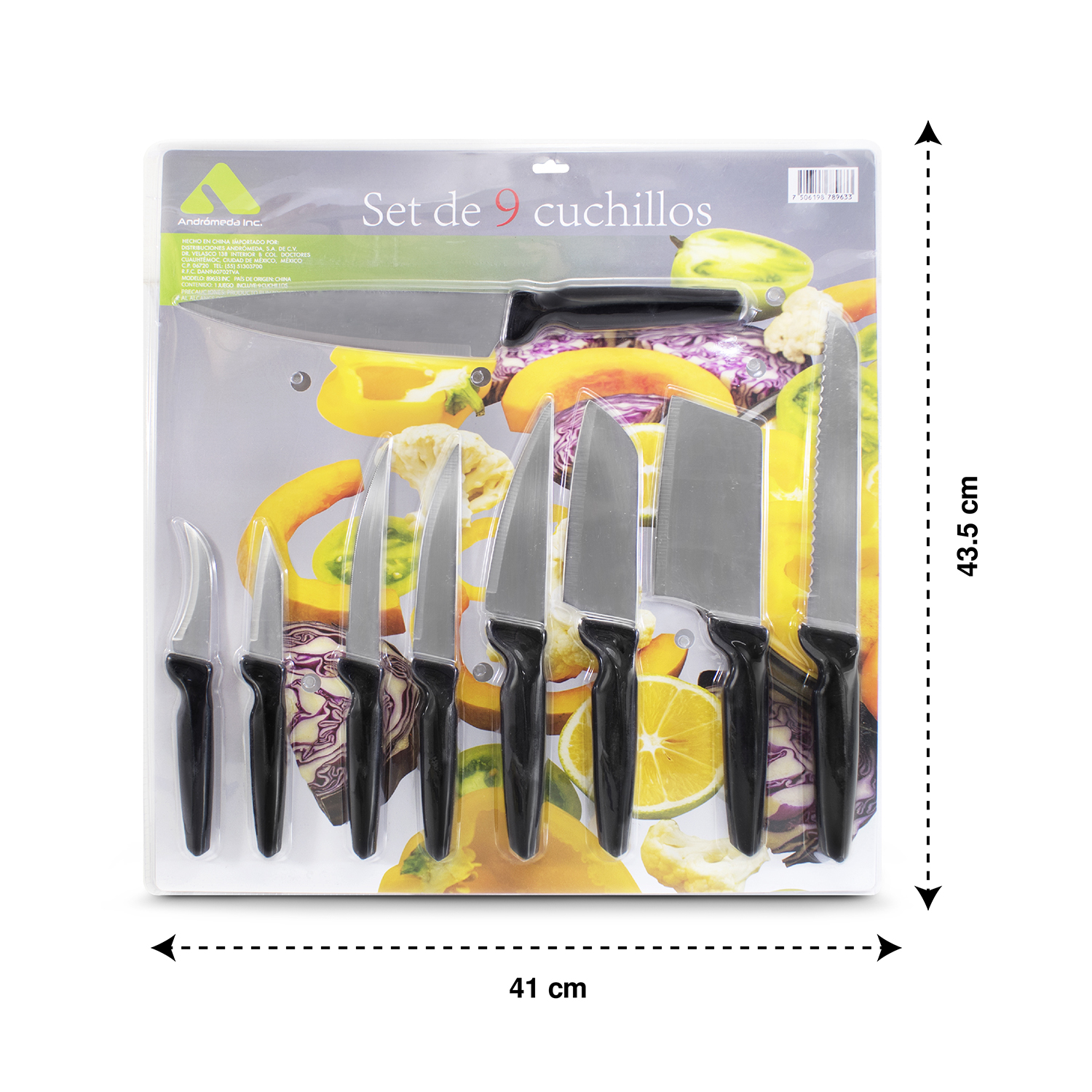 Set De 9 Cuchillos De Cocina Acero Inoxidable Mango Negro