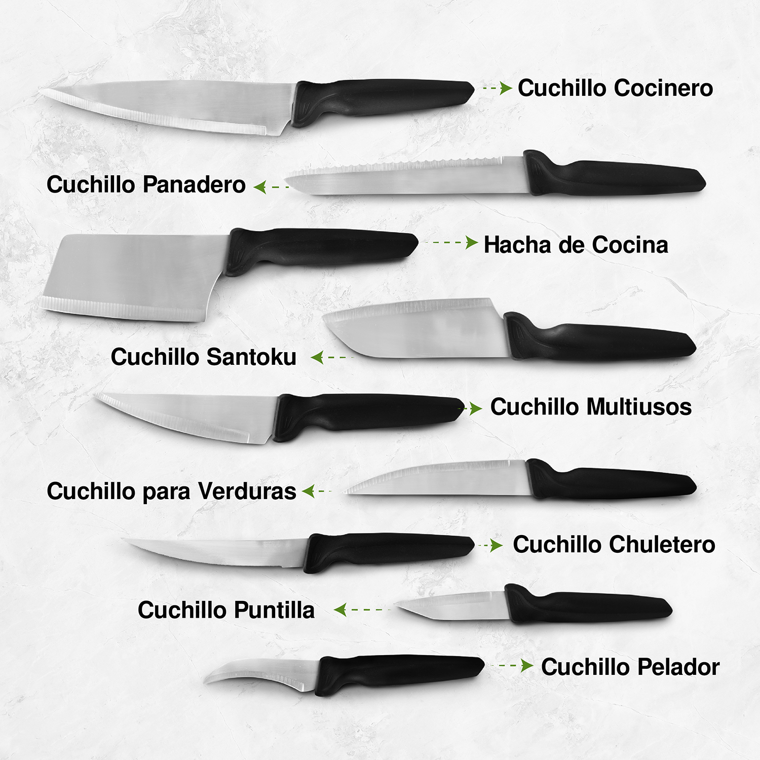 Set De 9 Cuchillos De Cocina Acero Inoxidable Mango Negro