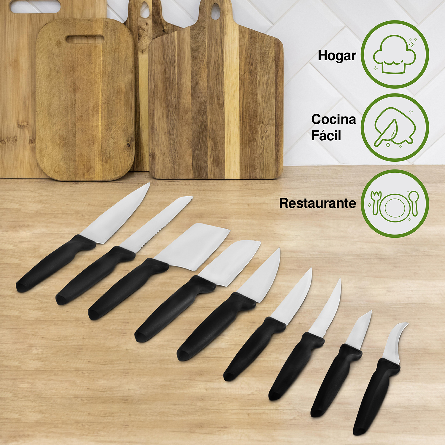 Set De 9 Cuchillos De Cocina Acero Inoxidable Mango Negro