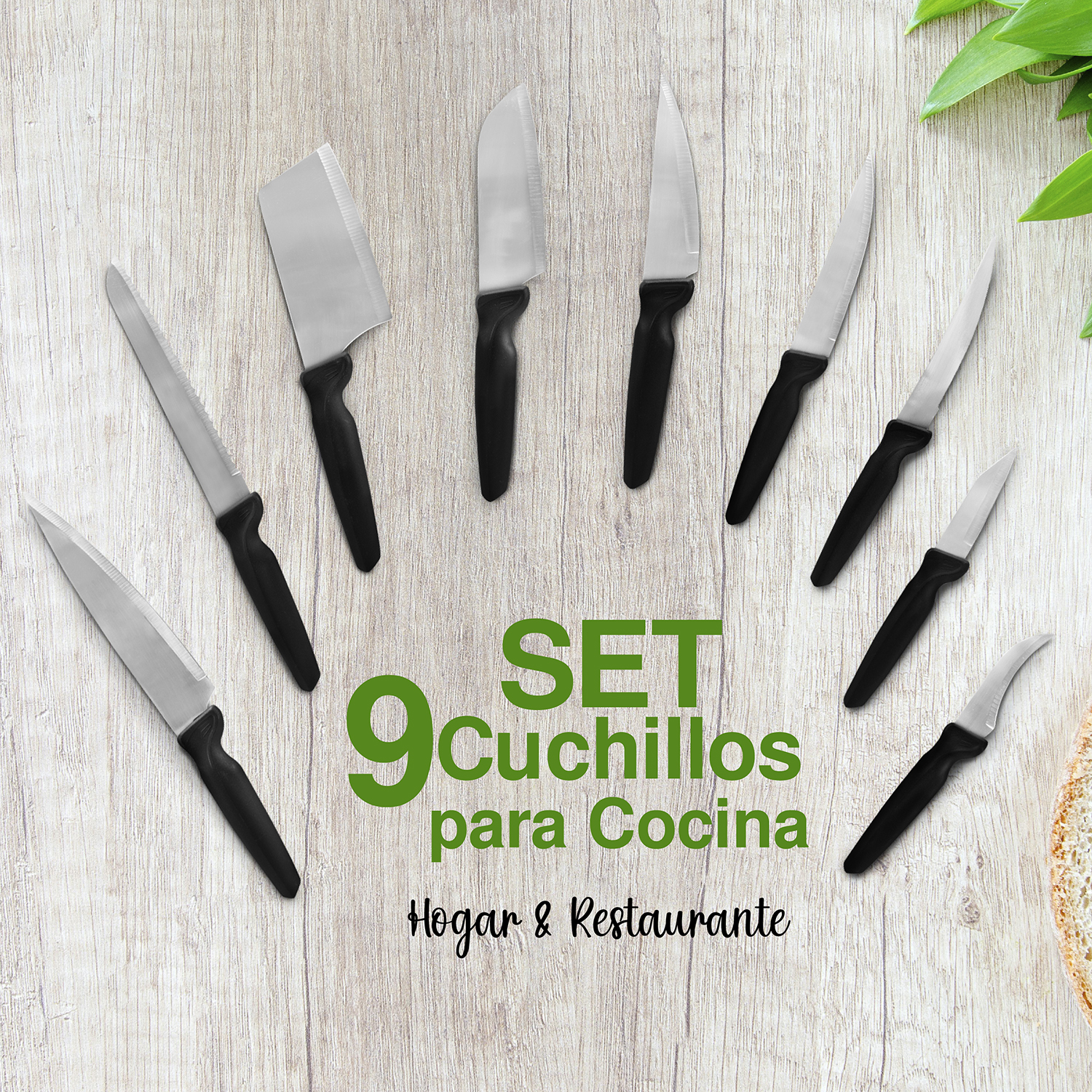 Set De 9 Cuchillos De Cocina Acero Inoxidable Mango Negro