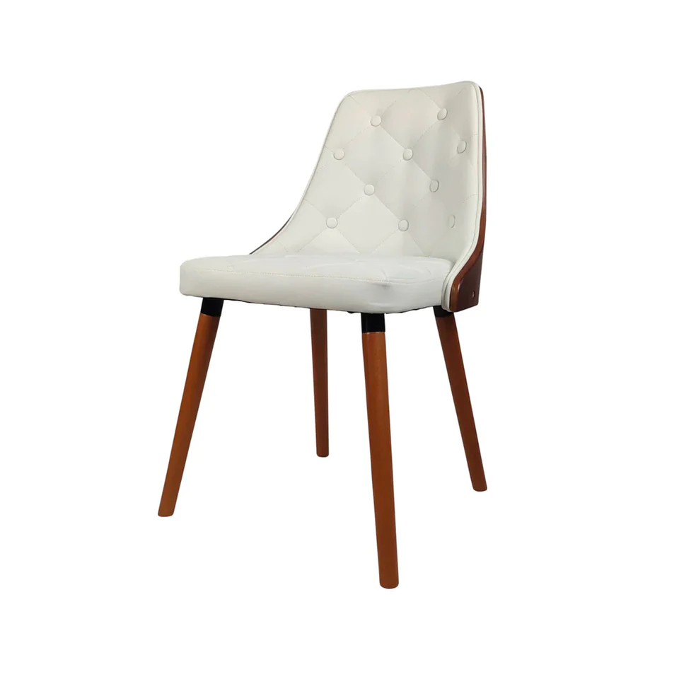 Silla de Comedor con Asiento Acolchado Tapizado en Cuero Sintético Blanco. Patas en Madera de Caucho