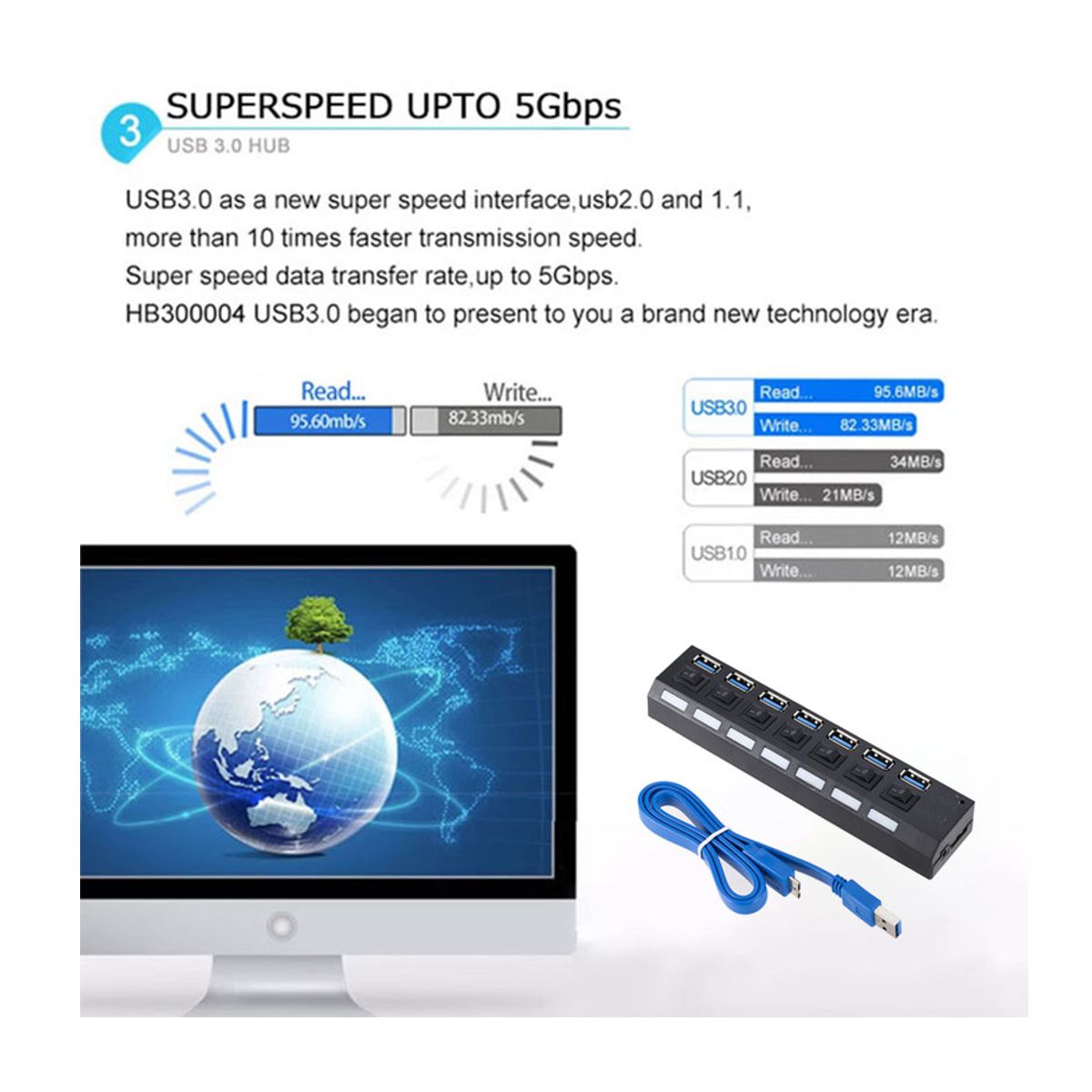 HUB 7 puertos Alta Velocidad USB 3.0 Para PC o Laptop