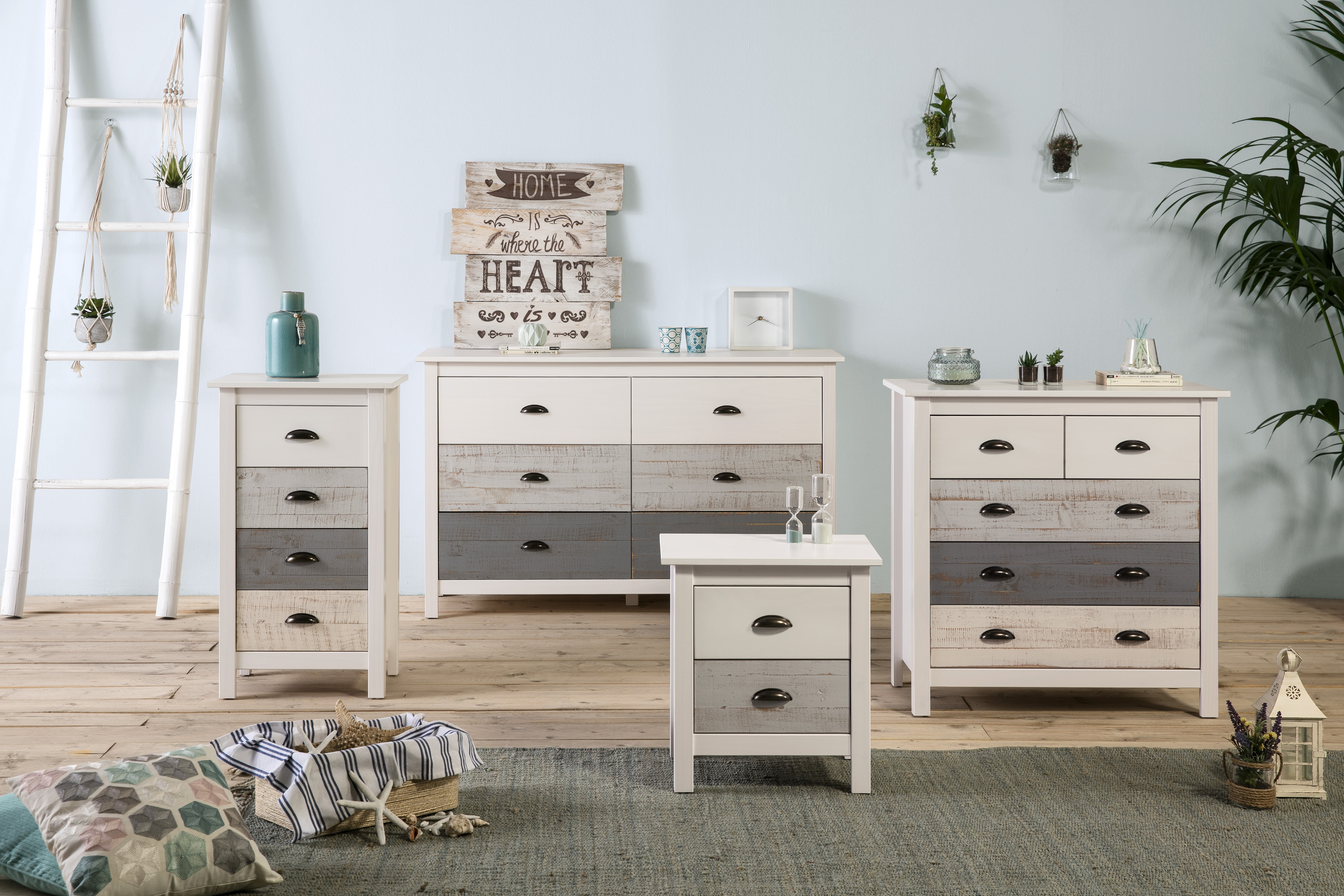 Comoda Blanca y Gris con 6 Cajones con Jaladeras Metálicas Estructura de Madera