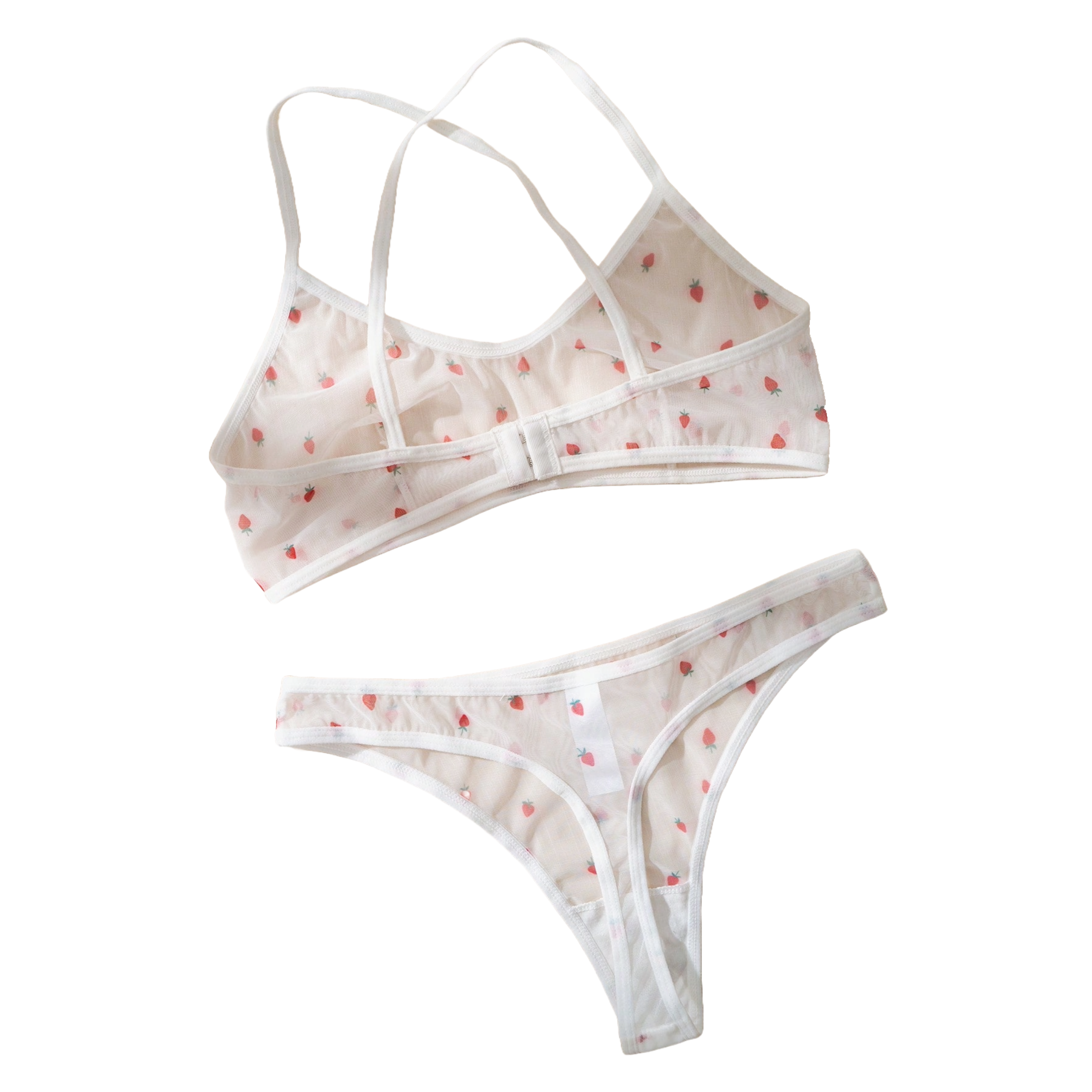Conjunto de lenceria transparente de bralette y tanga con diseño de fresas para mujer 