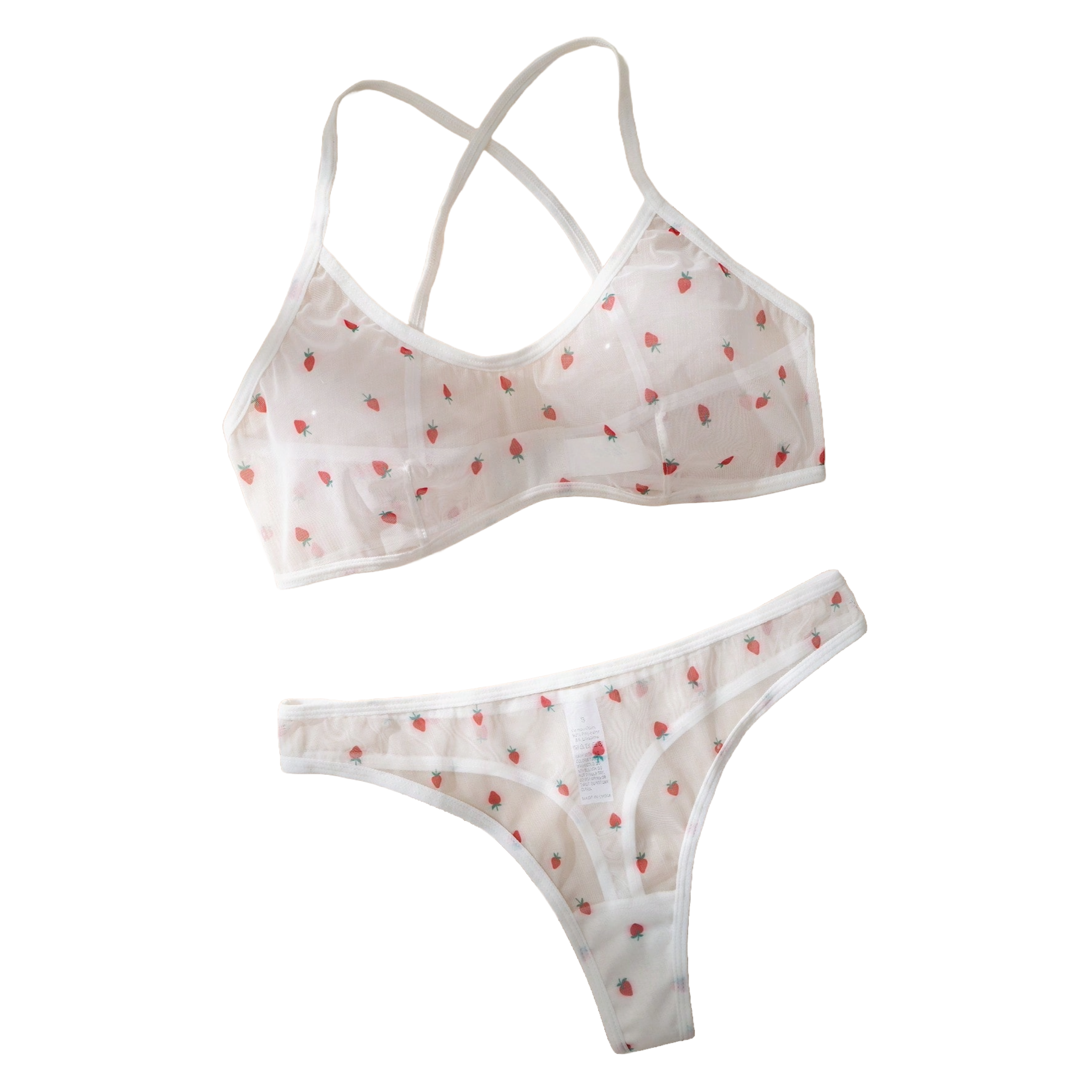 Conjunto de lenceria transparente de bralette y tanga con diseño de fresas para mujer 